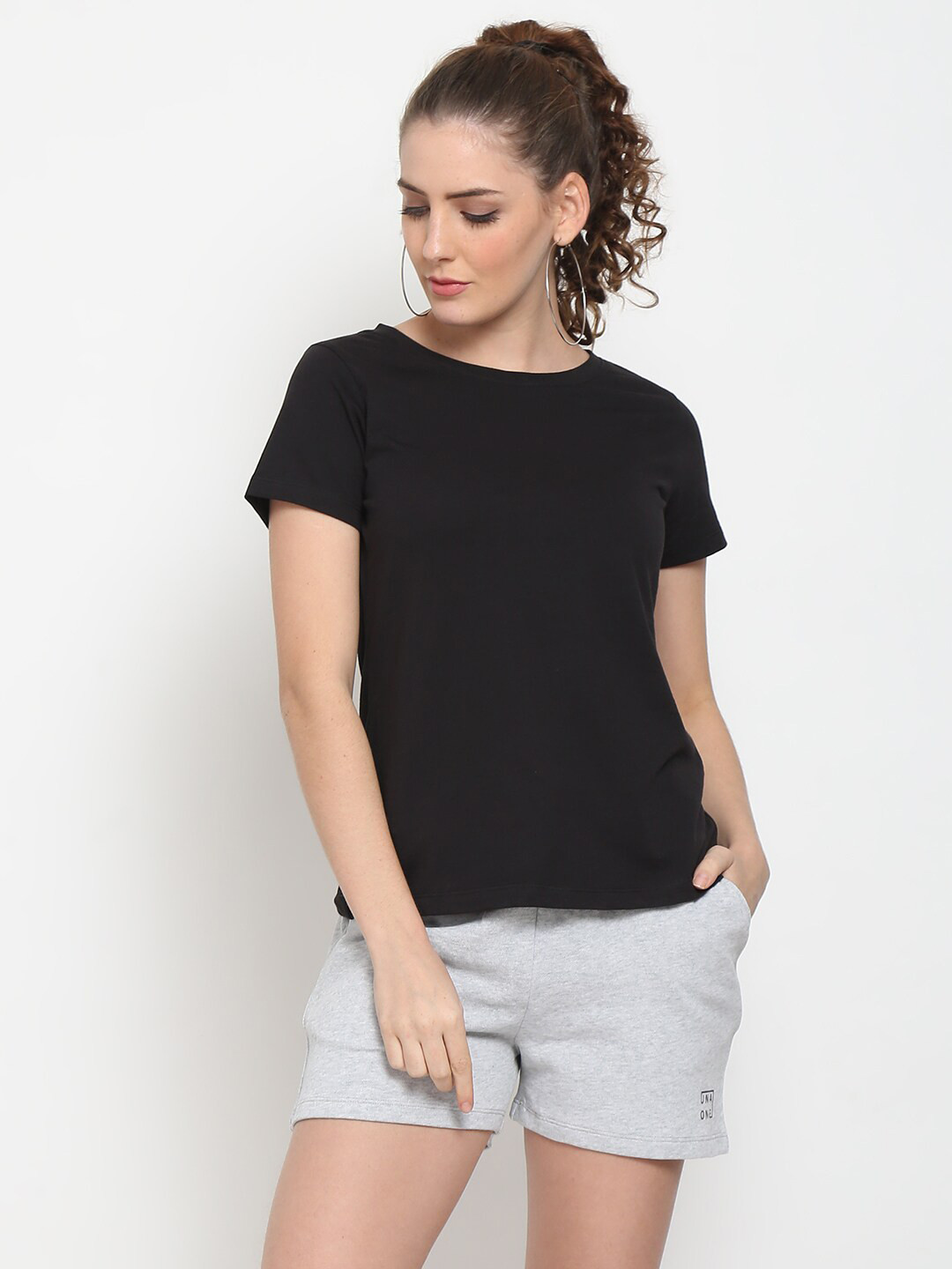 UnaOne Plus Size Women Black & Grey Pure Cotton T-shirt with Shorts