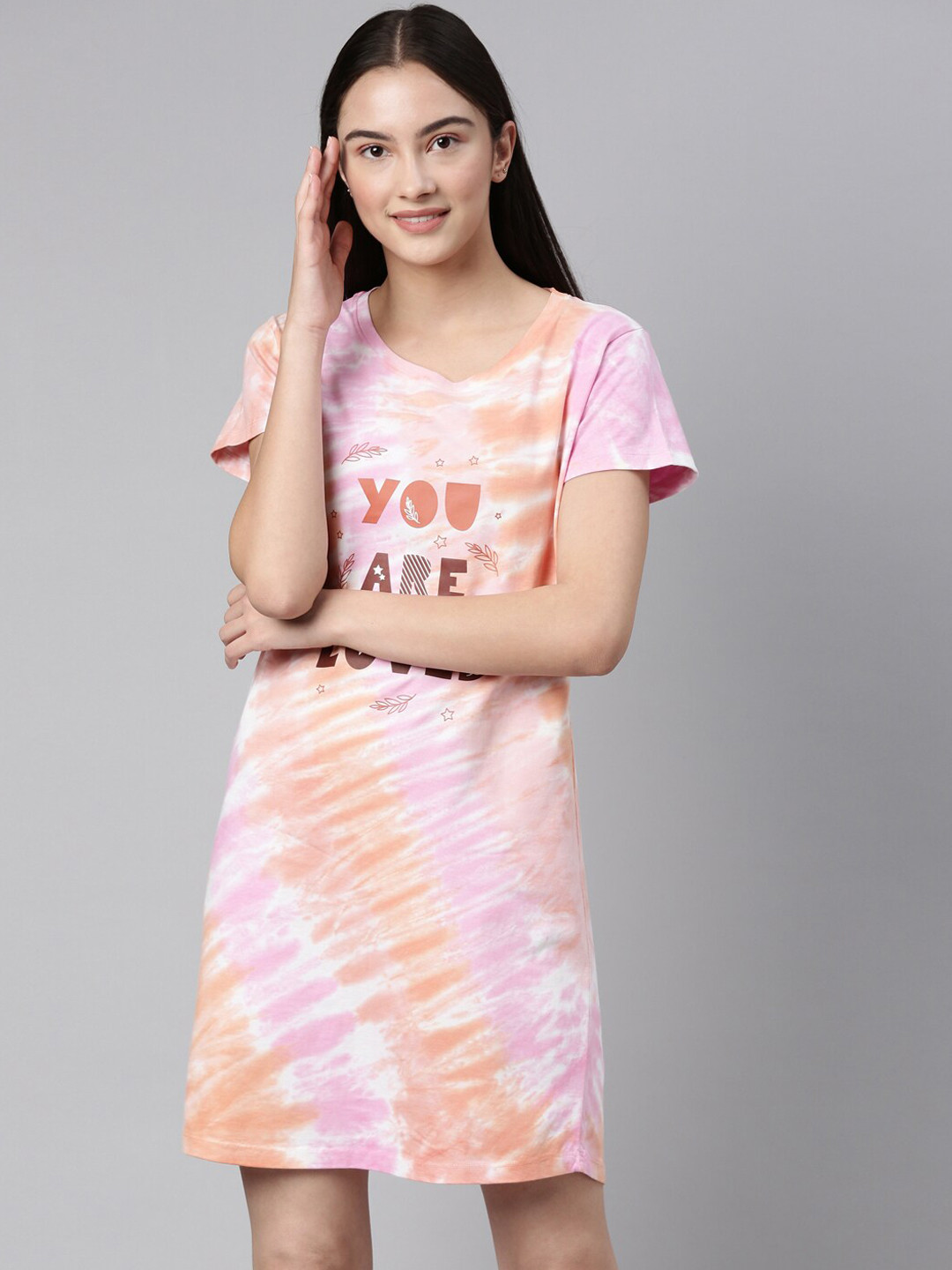 Curare Women Orange Tie & Dye T-shirt Nightdress