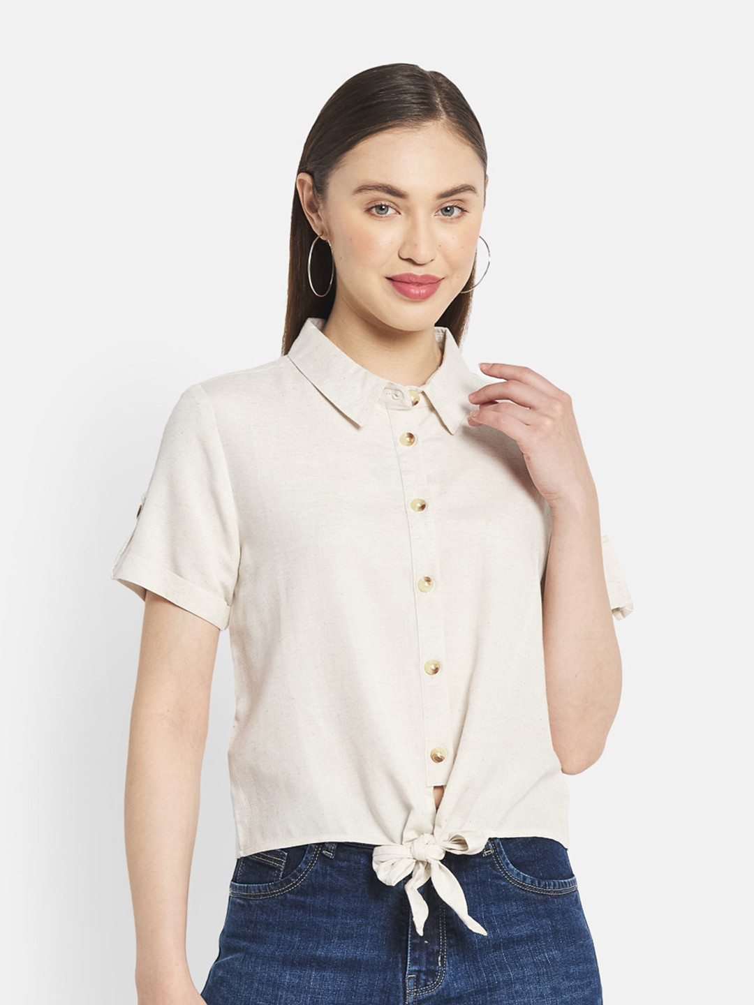METTLE Women Cream-Coloured Casual Shirt