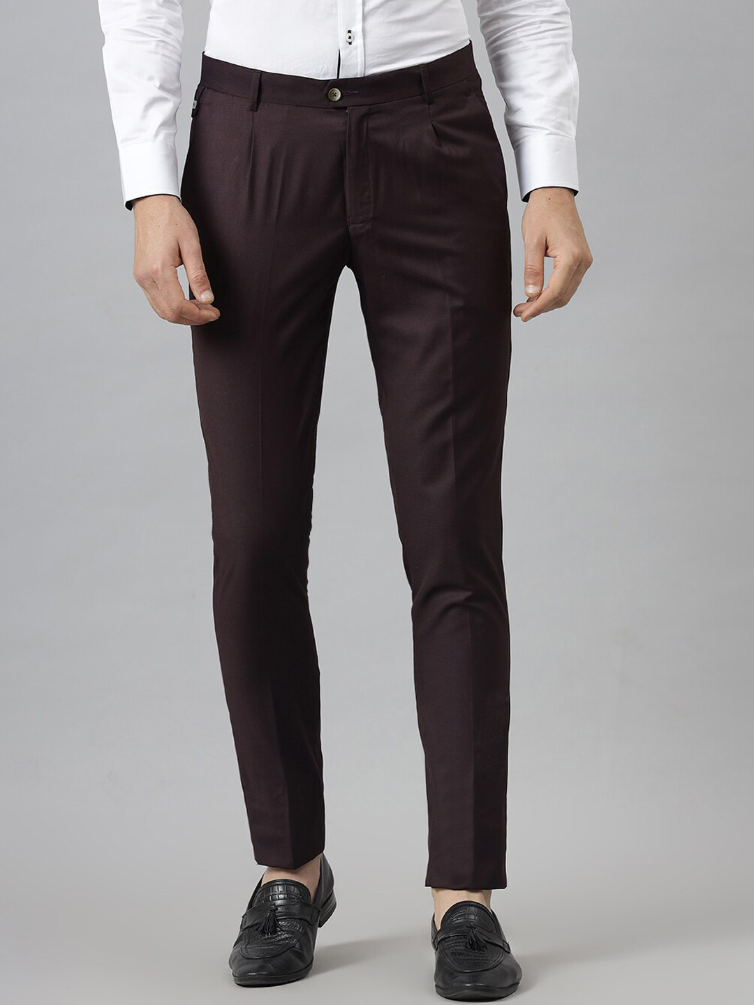 MR BUTTON Men Burgundy Slim Fit Trousers