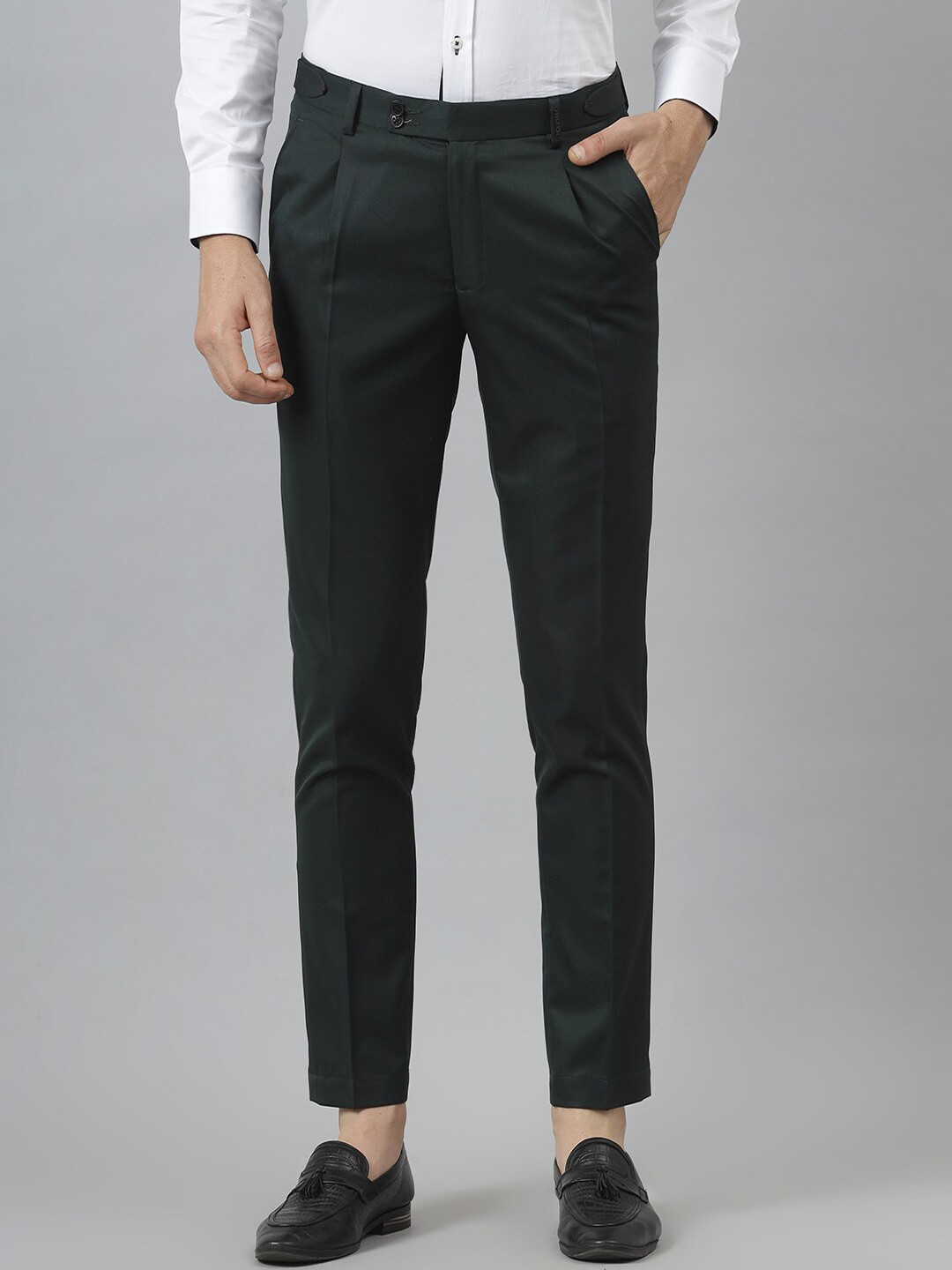 MR BUTTON Men Green Slim Fit Pleated Formal Trousers