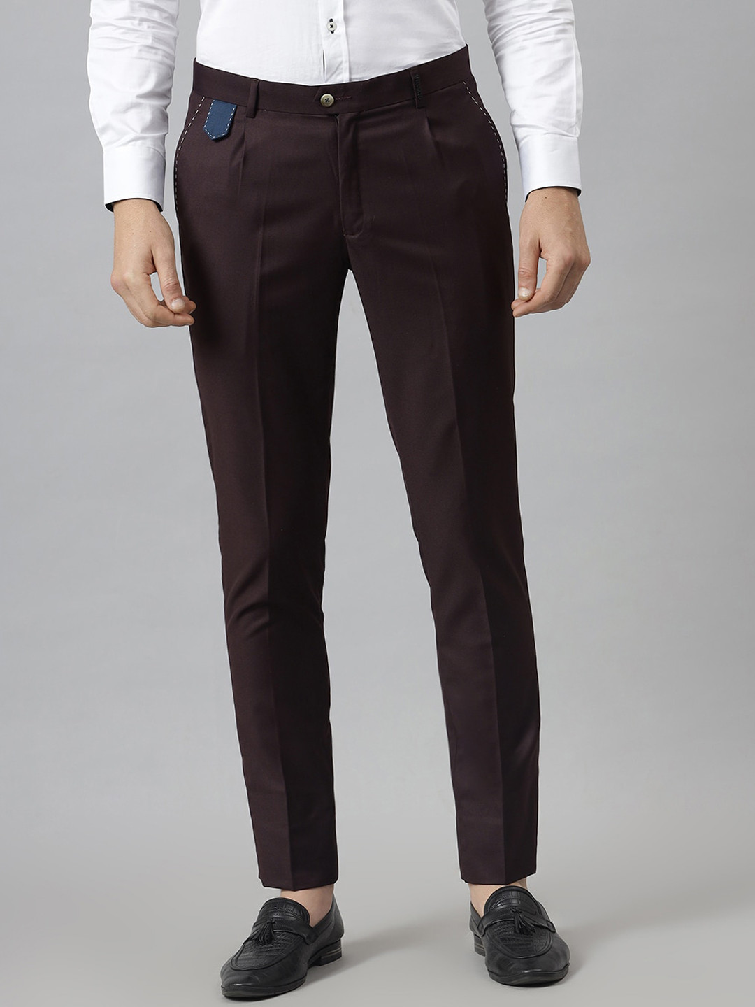 MR BUTTON Men Maroon Slim Fit Trousers