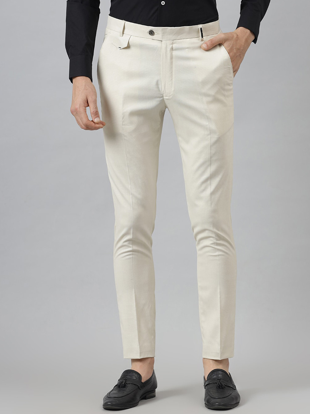 MR BUTTON Men Beige Slim Fit Cropped Formal Trousers