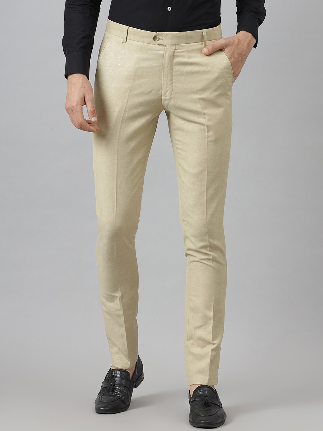 MR BUTTON Men Beige Slim Fit Trousers