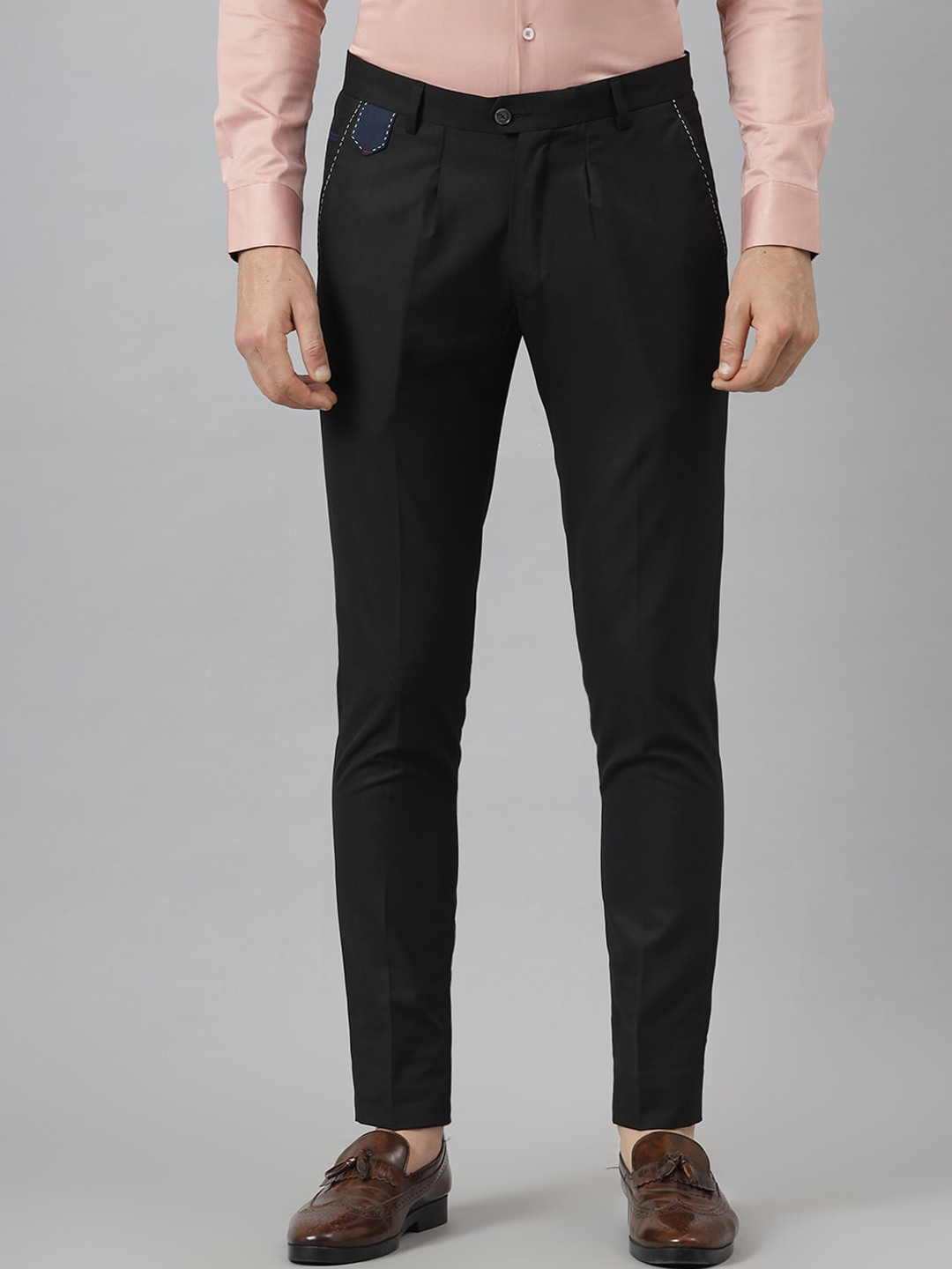 MR BUTTON Men Black Textured Slim Fit Trousers