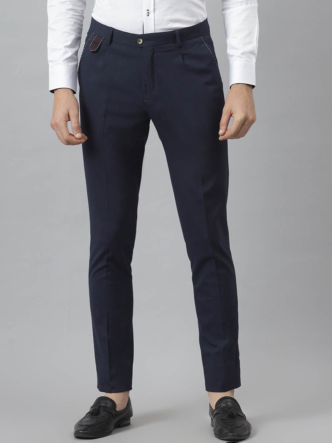 MR BUTTON Men Blue Slim Fit Formal Trousers