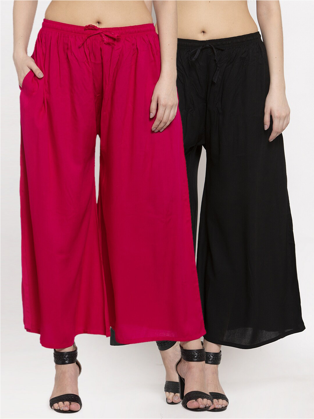 Miaz Lifestyle Women Pak of 2 Black & Fuchsia Solid Palazzos