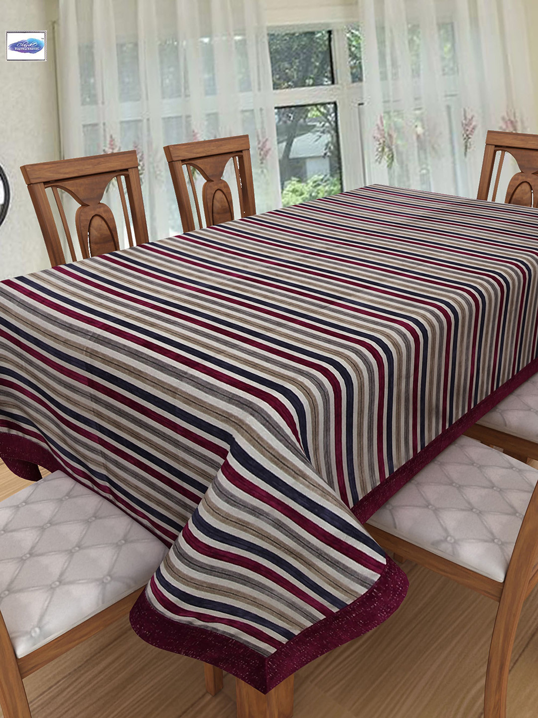 Clasiko  Magenta Blue & Grey Striped 6 Seater Pure Cotton Table Runner