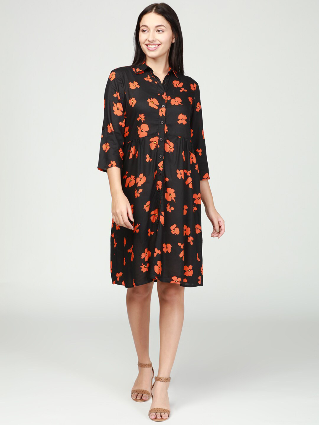 IDK Women Black Floral Print Shirt Style Midi Dress