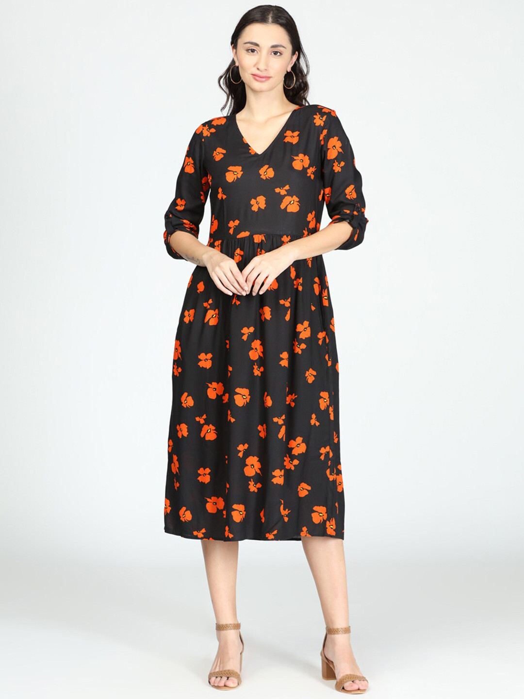 IDK Women Black & Orange Floral Midi Dress