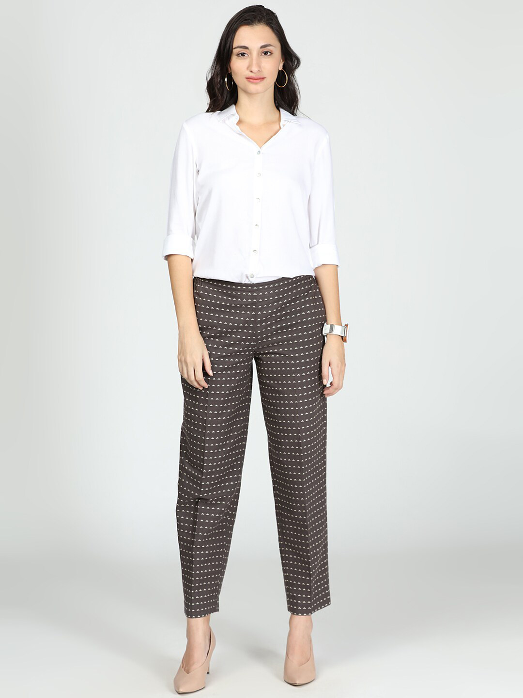 IDK Women Brown Printed Relaxed Straight Fit Cotton Trousers