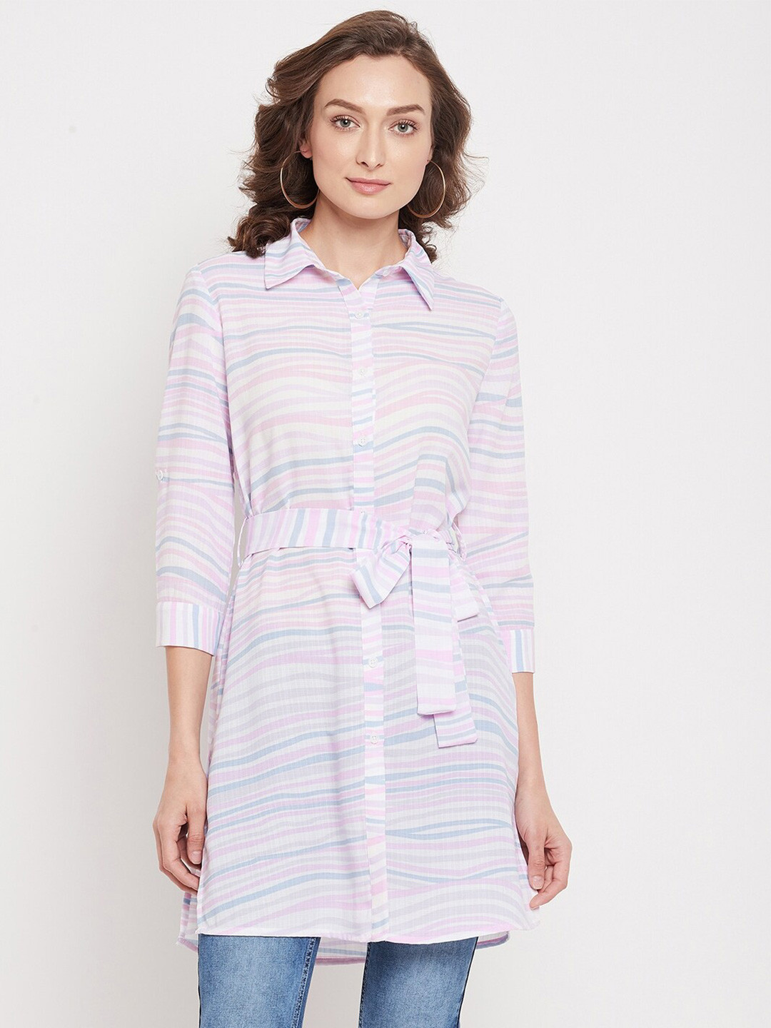 Madame Women White & Pink Horizontal Stripes Striped Longline Cotton Casual Shirt