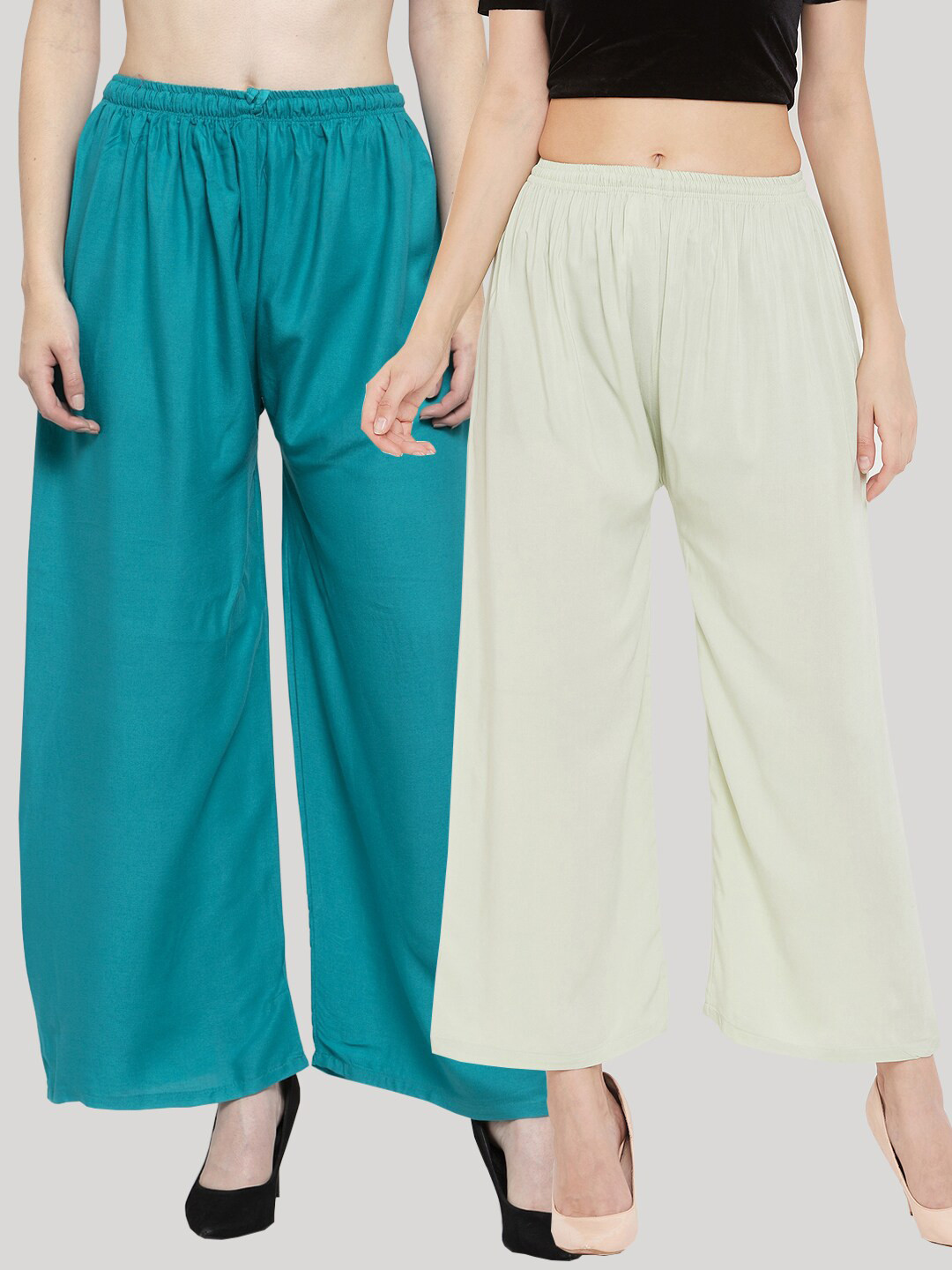 Clora Creation Women Pack of 2 Teal Blue & Sage Green Solid Palazzos