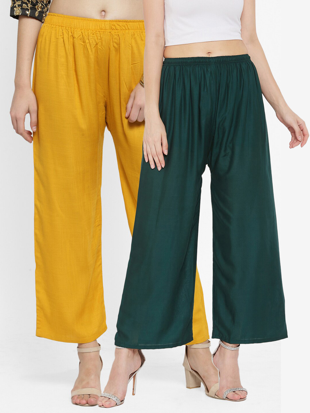 Clora Creation Women Green & Mustard Yellow Set Of 2 Flared Palazzos