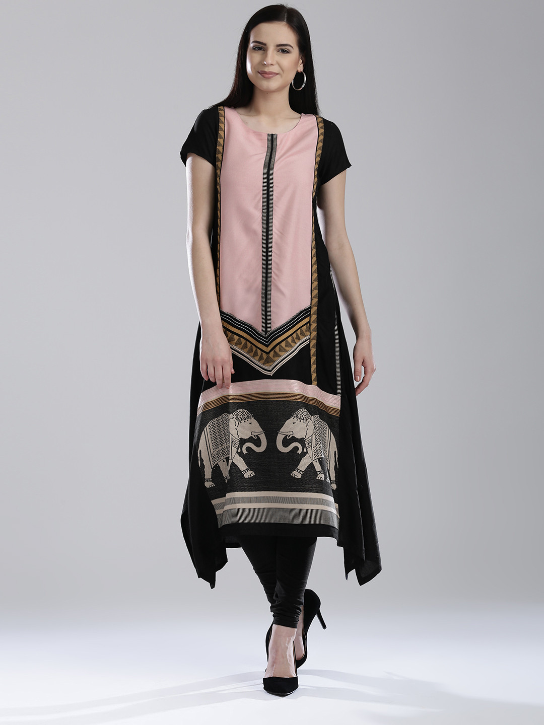 W Women Black Woven Design Asymmetric A-Line Kurta