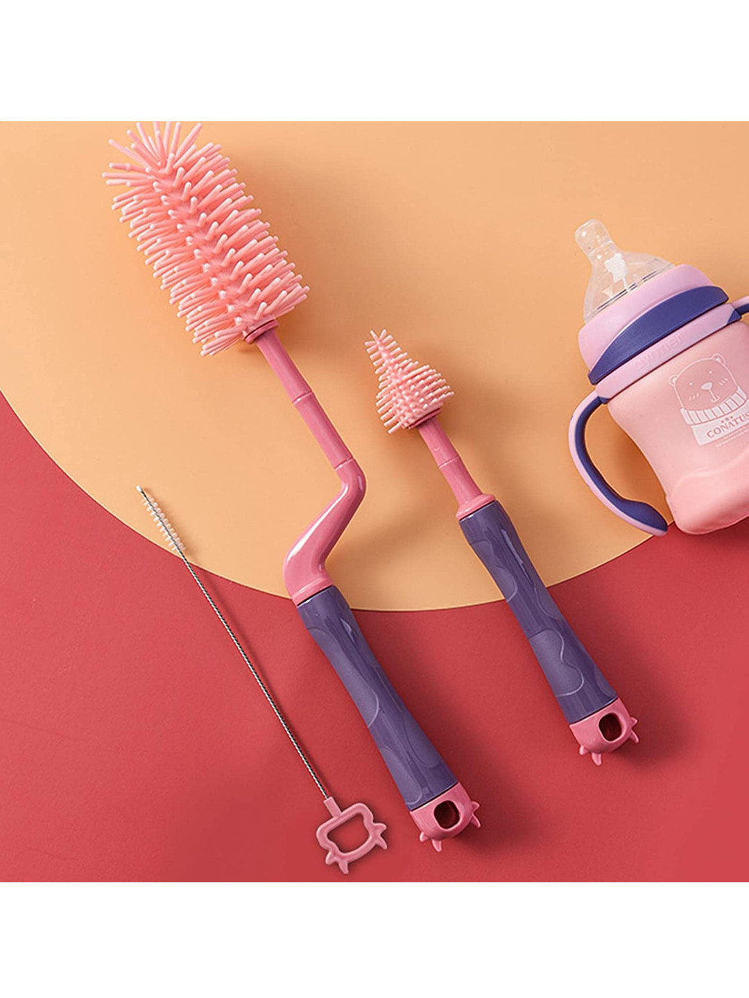 SYGA 3 Pcs Pink Silicone Baby Bottle Cleaning Brush Set