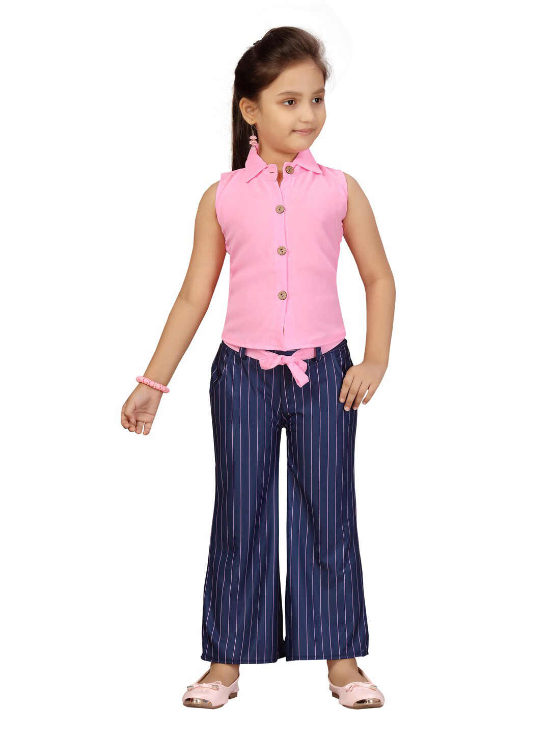 Aarika Girls Pink & Blue Striped Shirt with Palazzo