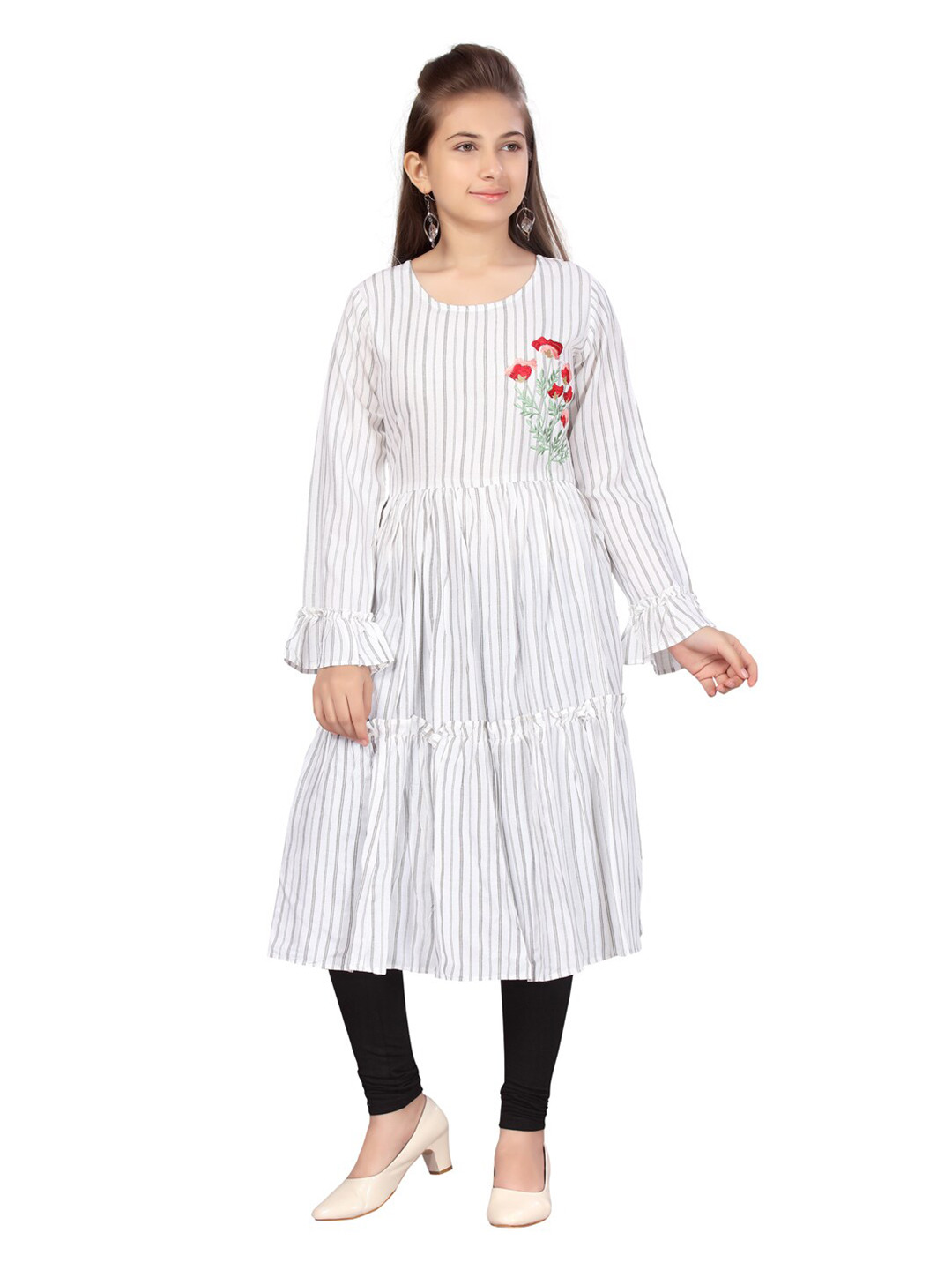 Aarika Girls Grey & White Striped Thread Work Kurta