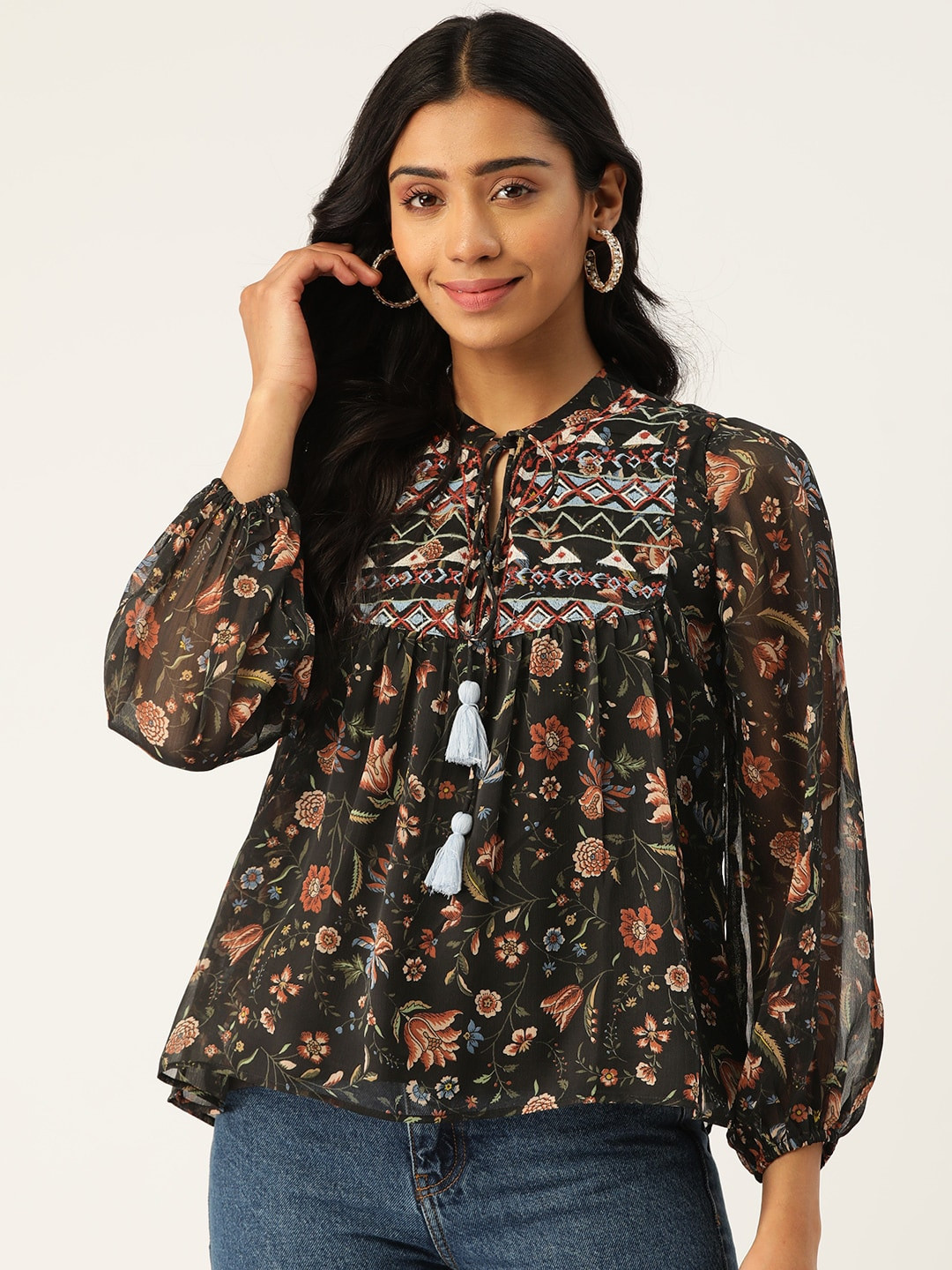 Antheaa Women Black & Rust Brown Floral Tie-Up Neck Top