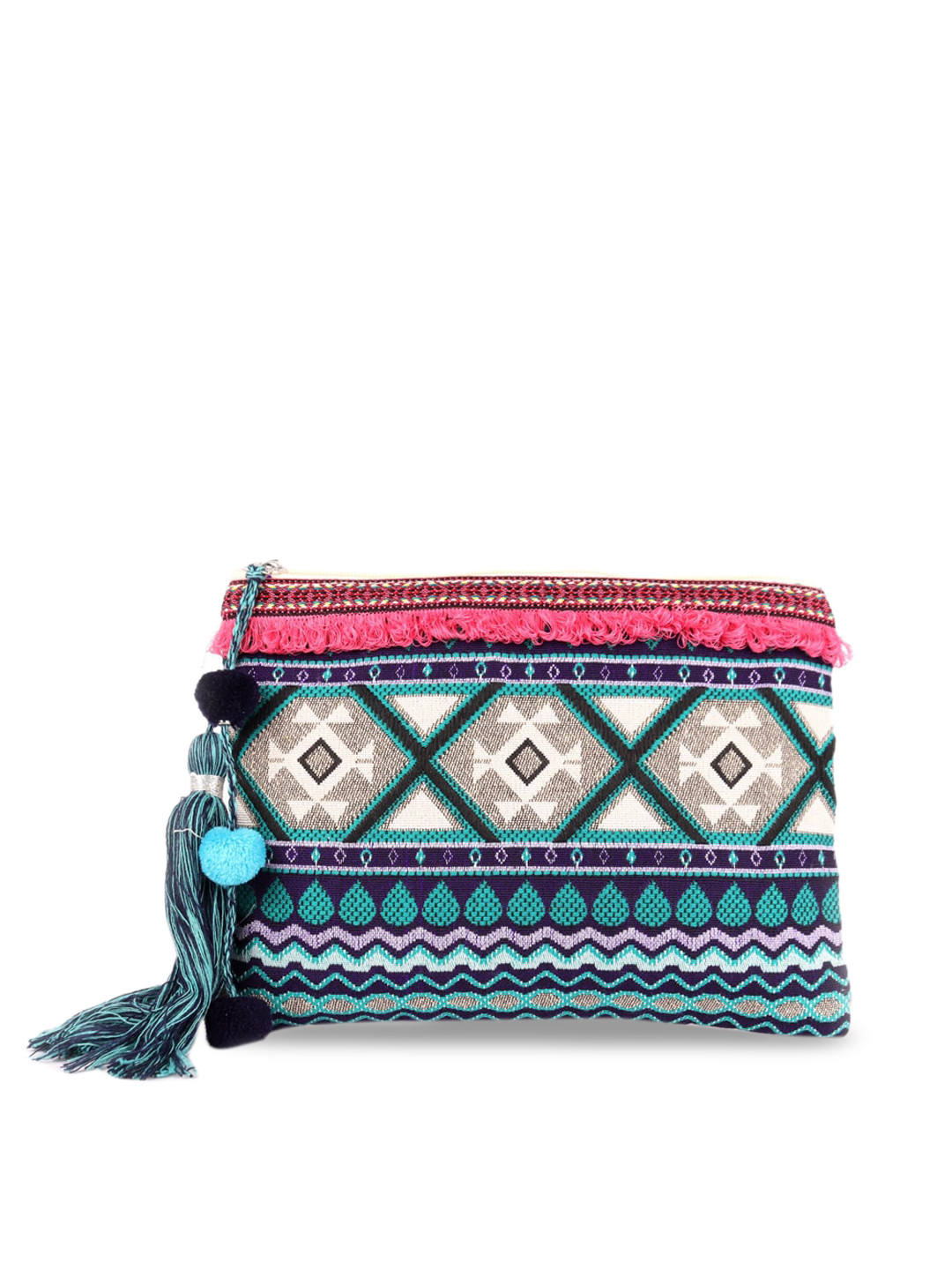 ASTRID Blue & Off-White Woven Design Travel Pouch With Tassels