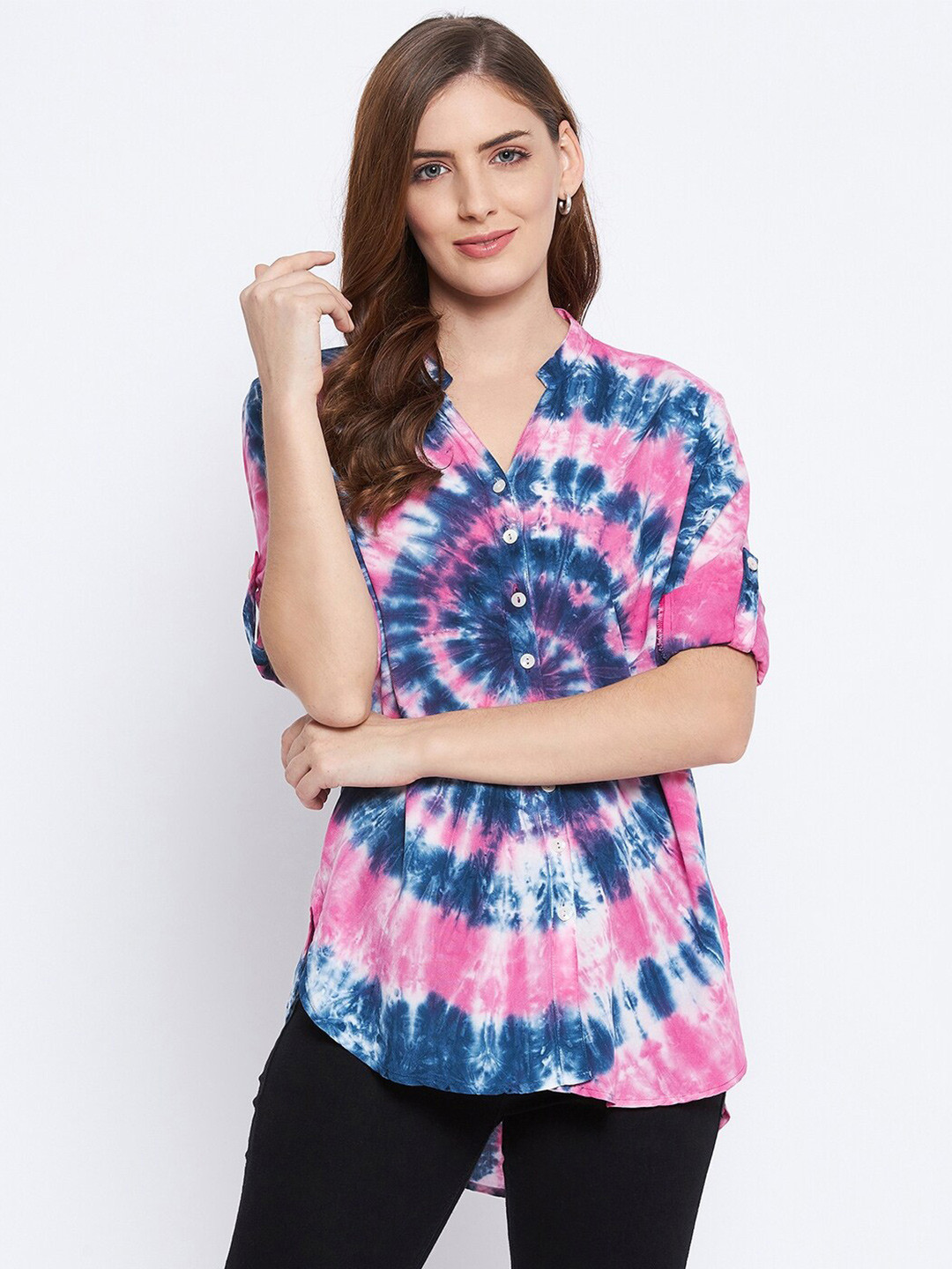 Ruhaans Women Pink & Blue Printed Tie & Dye Casual Shirt