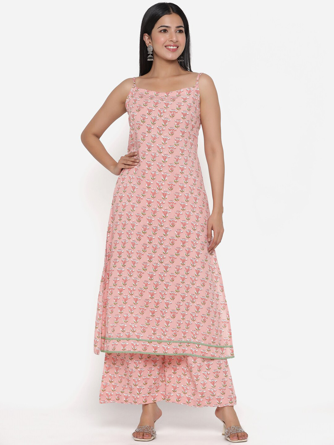 PINKVILLE JAIPUR Women Peach-Coloured Floral Printed Kurta with Palazzos