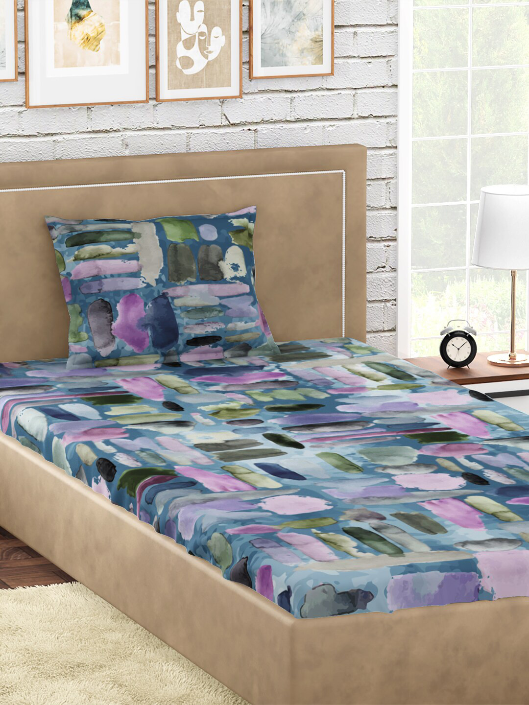 PETAL HOME Pebbles Blue Abstract Cotton Skin-Friendly 300 TC Single Fine Bedsheet with a Pillow Cover-152 x 229 cm