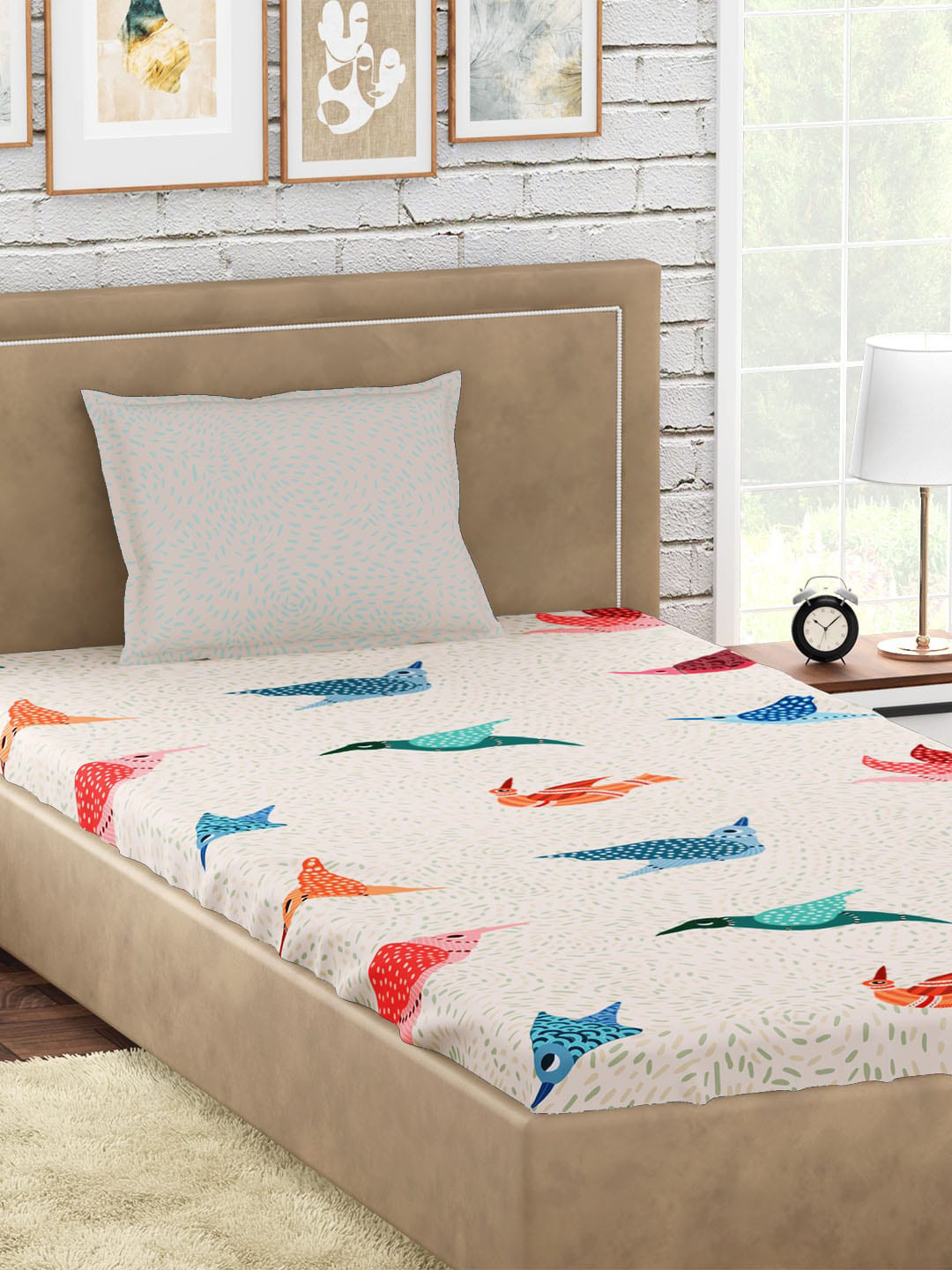 PETAL HOME Off White Graphic Cotton 300 TC Single Fine Bedsheet with a Pillow Cover-90 x 60 inches