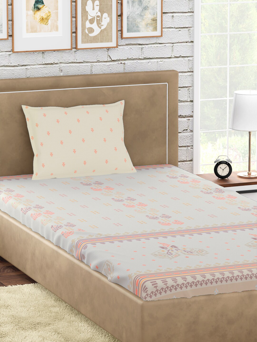 PETAL HOME Hooghly Cream Ethnic Motifs Cotton Skin-Friendly 300 TC Single Superfine Bedsheet with a Pillow Cover-60 x 90 inches