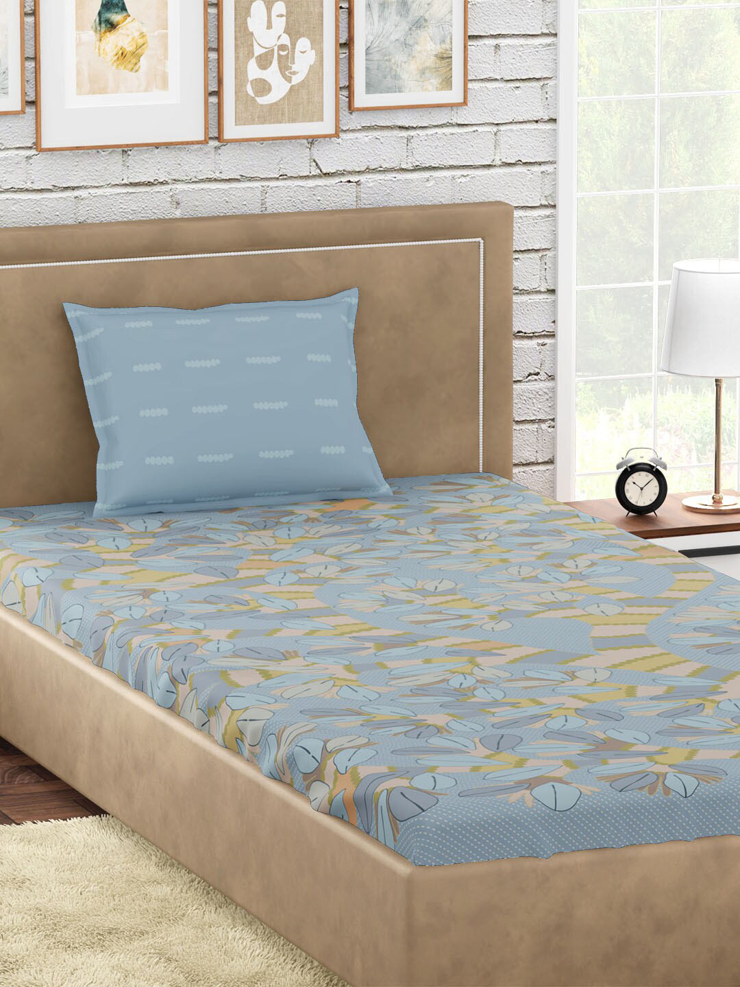 PETAL HOME Gondi Blue Floral Pure Cotton Skin-Friendly 300 TC Single Fine Bedsheet with a Pillow Cover-90 x 60 inches