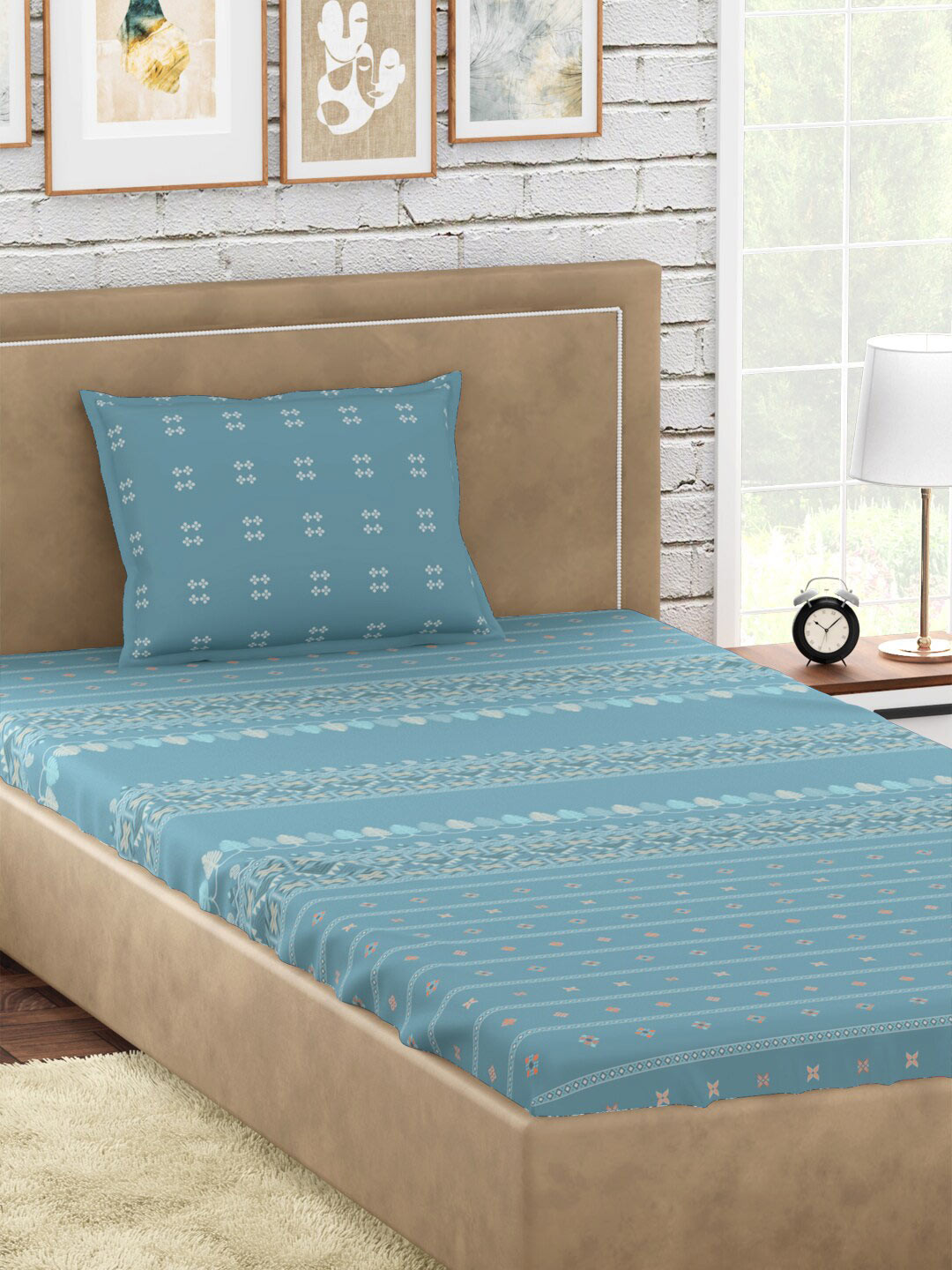 PETAL HOME Hooghly Blue Ethnic Motifs Cotton Skin-Friendly 300 TC Single Fine Bedsheet with a Pillow Cover-152 x 229 cm