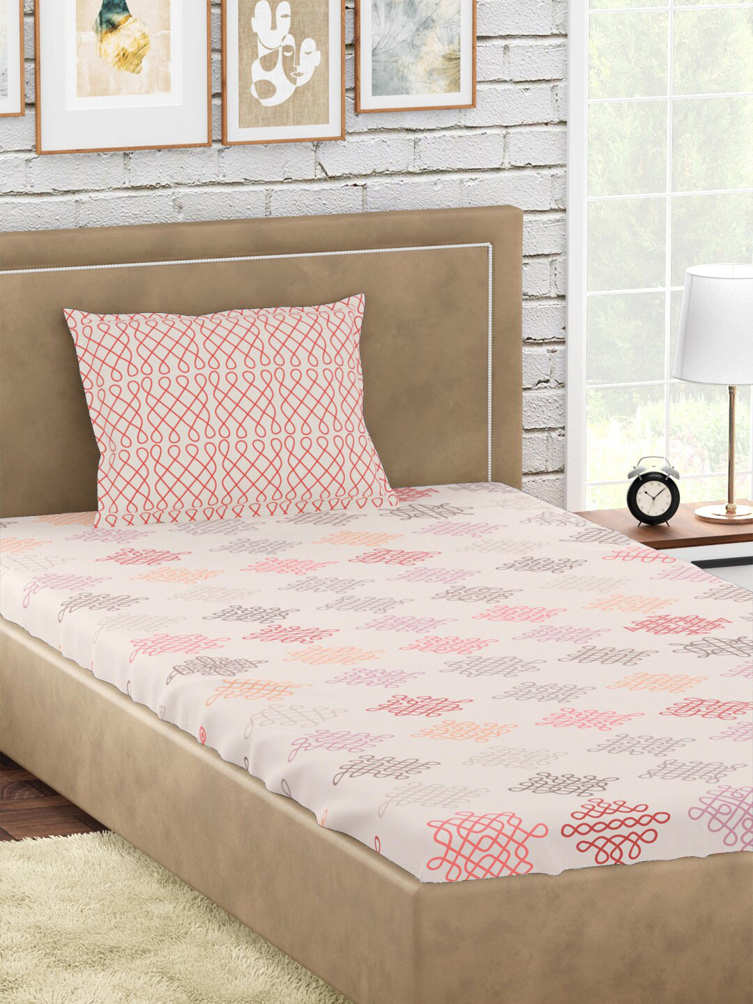 PETAL HOME Vellore White Ethnic Motifs Pure Cotton Breathable 300 TC Fitted Single Fine Bedsheet with a Pillow Cover-90 x 60 inches