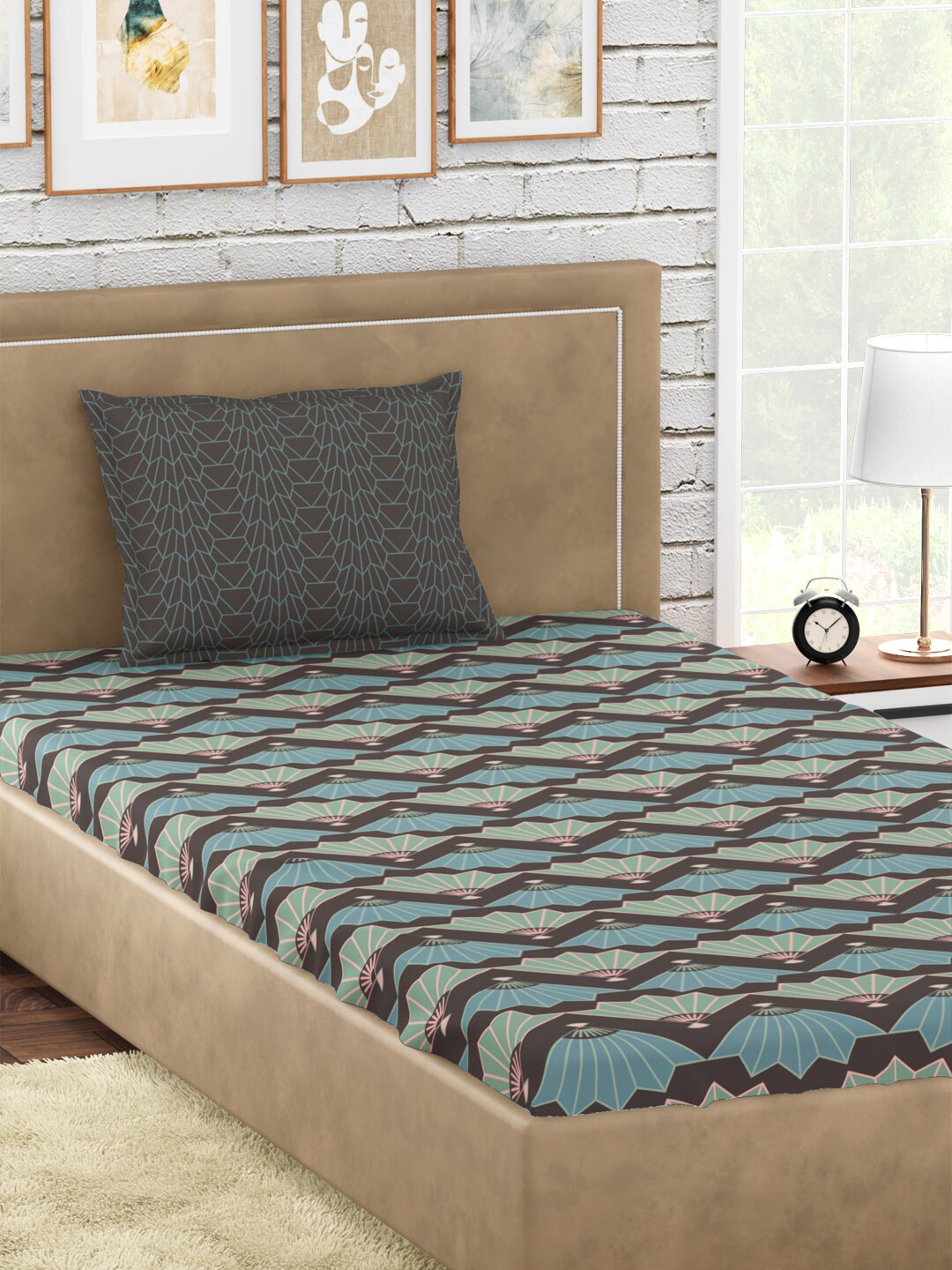 PETAL HOME Suzhou Grey Leaf Pure Cotton Skin-Friendly 300 TC Single Fine Bedsheet with a Pillow Cover-152 x 229 cm