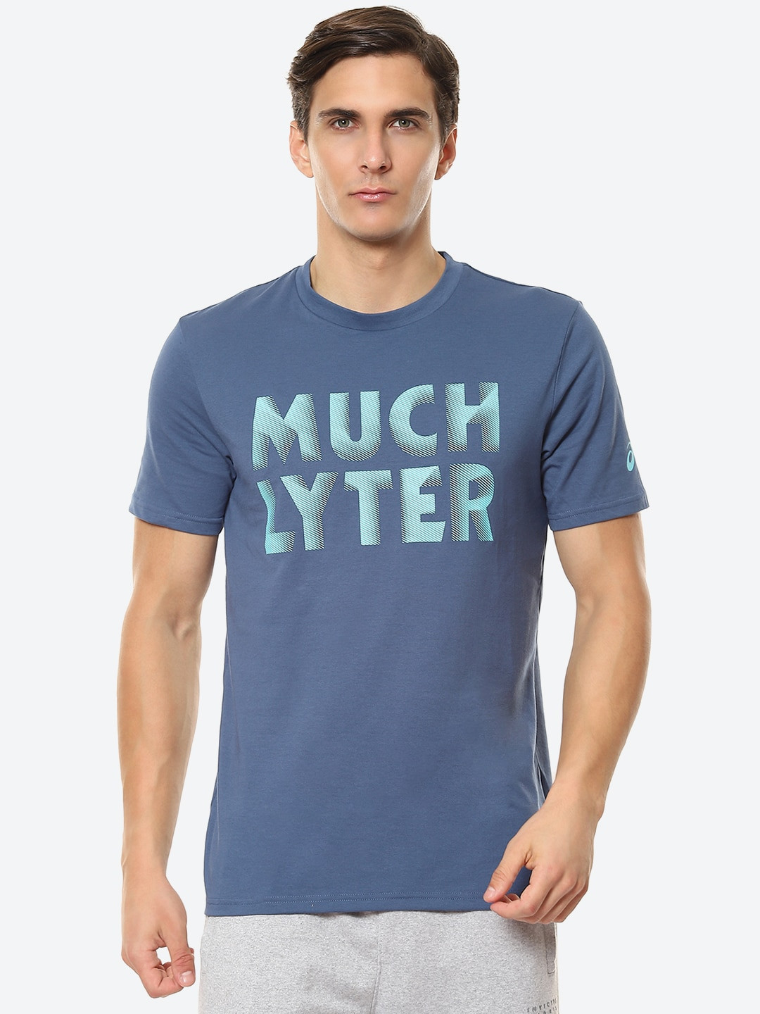 ASICS Men Blue M Heritage Font Gpaphic 5 Printed Training or Gym T-shirt