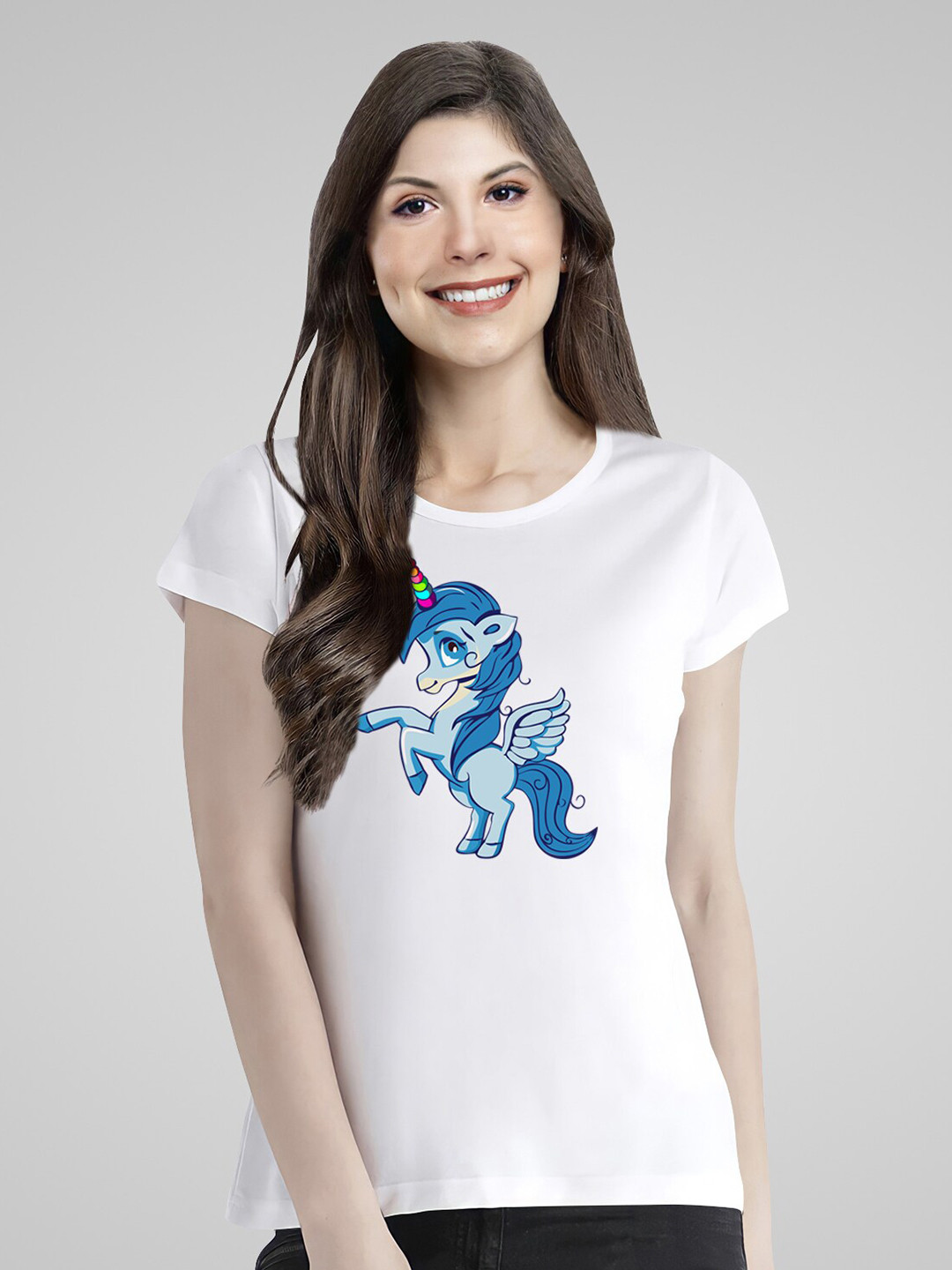 Pootlu Women White & Blue Unicorn Printed T-shirt