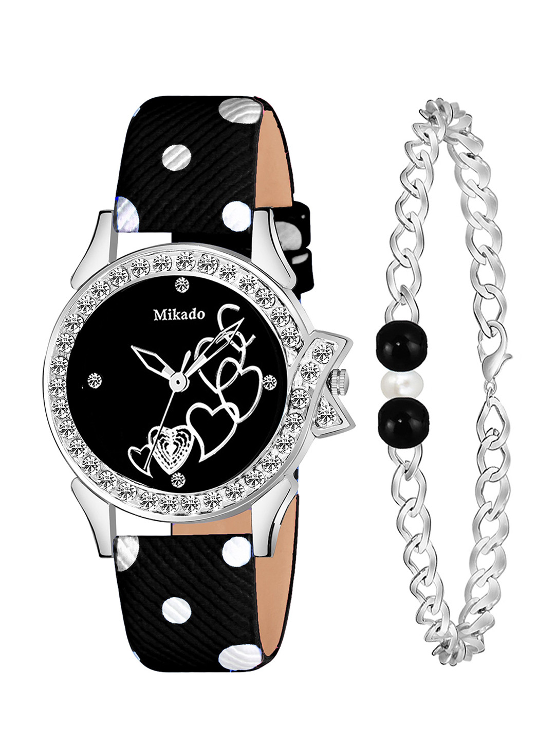 Mikado Women Black Brass Embellished Dial & Black Leather Wrap Around Straps Analogue Watch