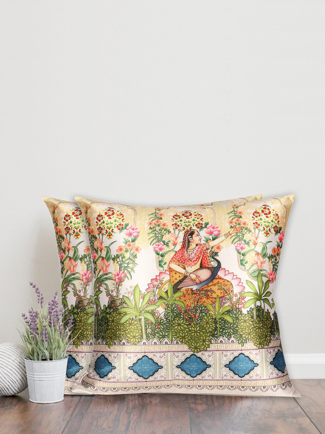 Sivya Mughal Ethnic Motifs Polycotton 2 Pcs Embroidered Cushion Covers - 17.7x17.7In
