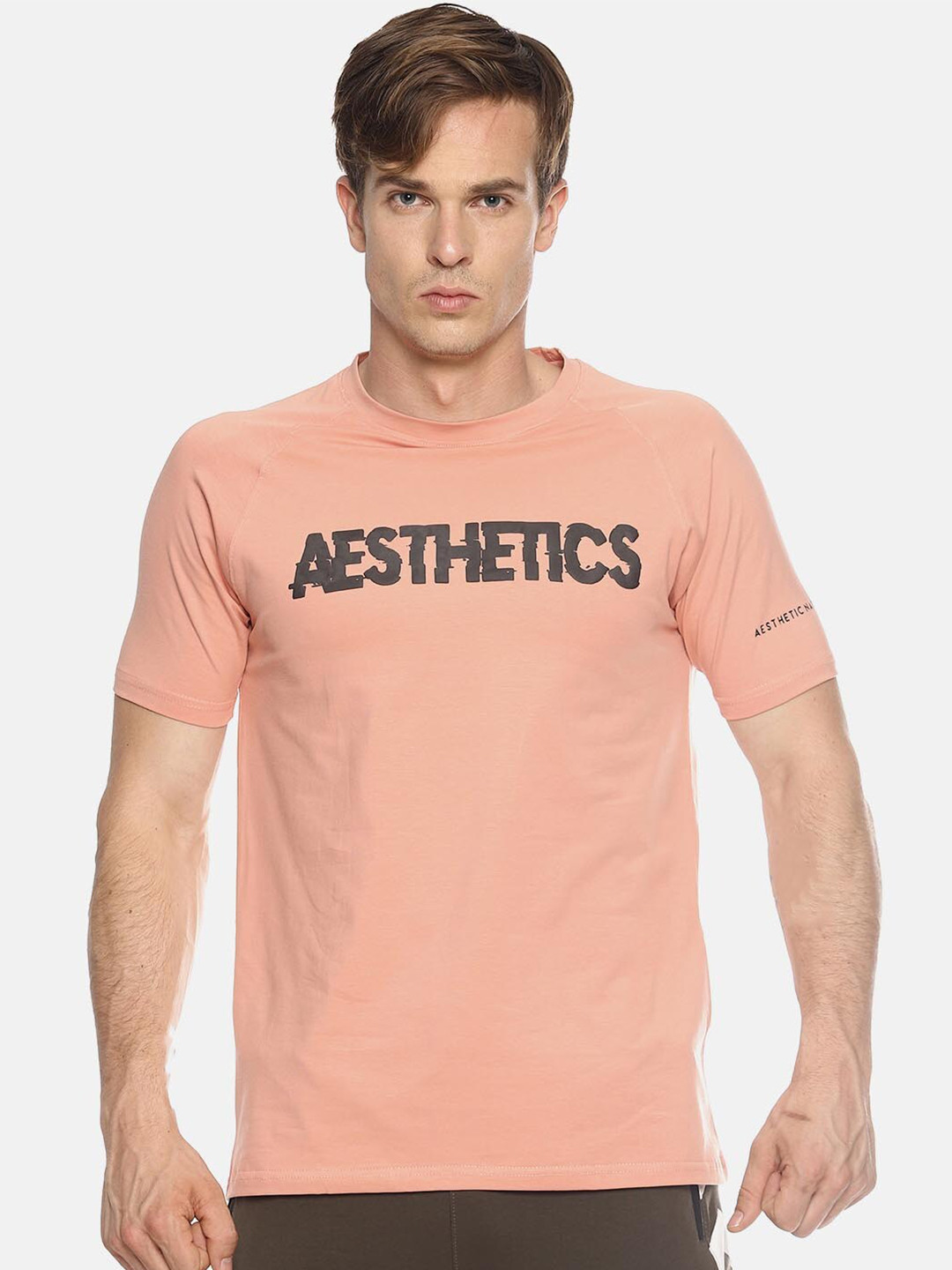 AESTHETIC NATION Men Orange & Black Typography Anti Odour Training or Gym T-shirt