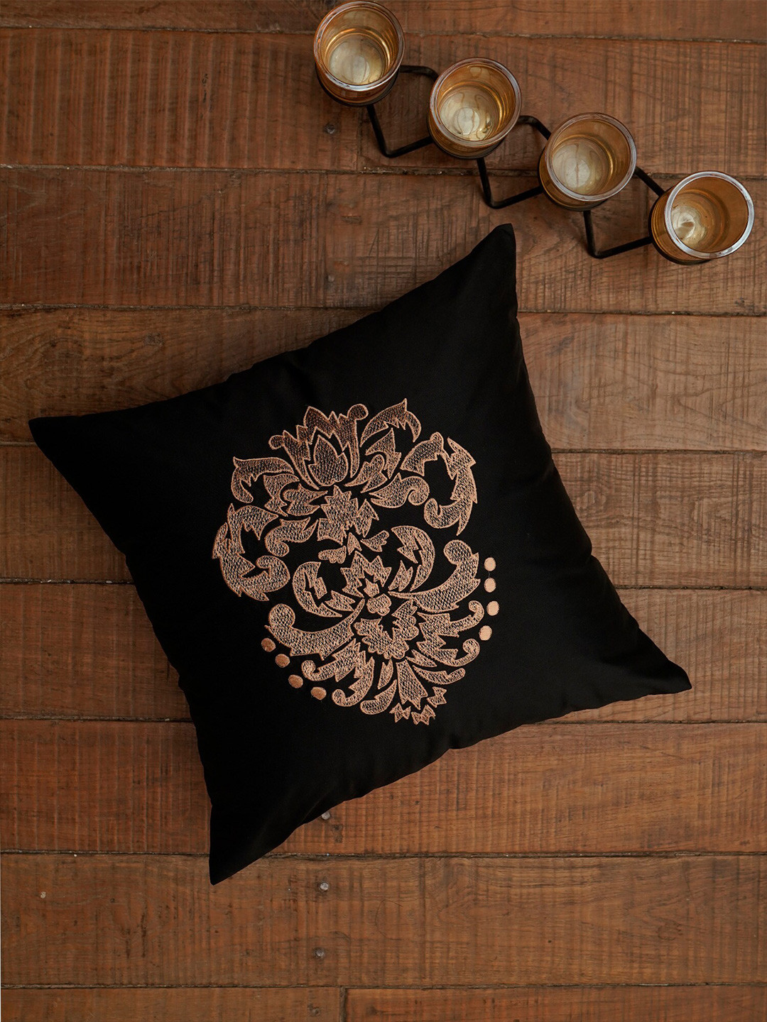 ZEBA Embroidered Black Ethnic Motifs Polyester Washable Square Cushion Cover -16x16In