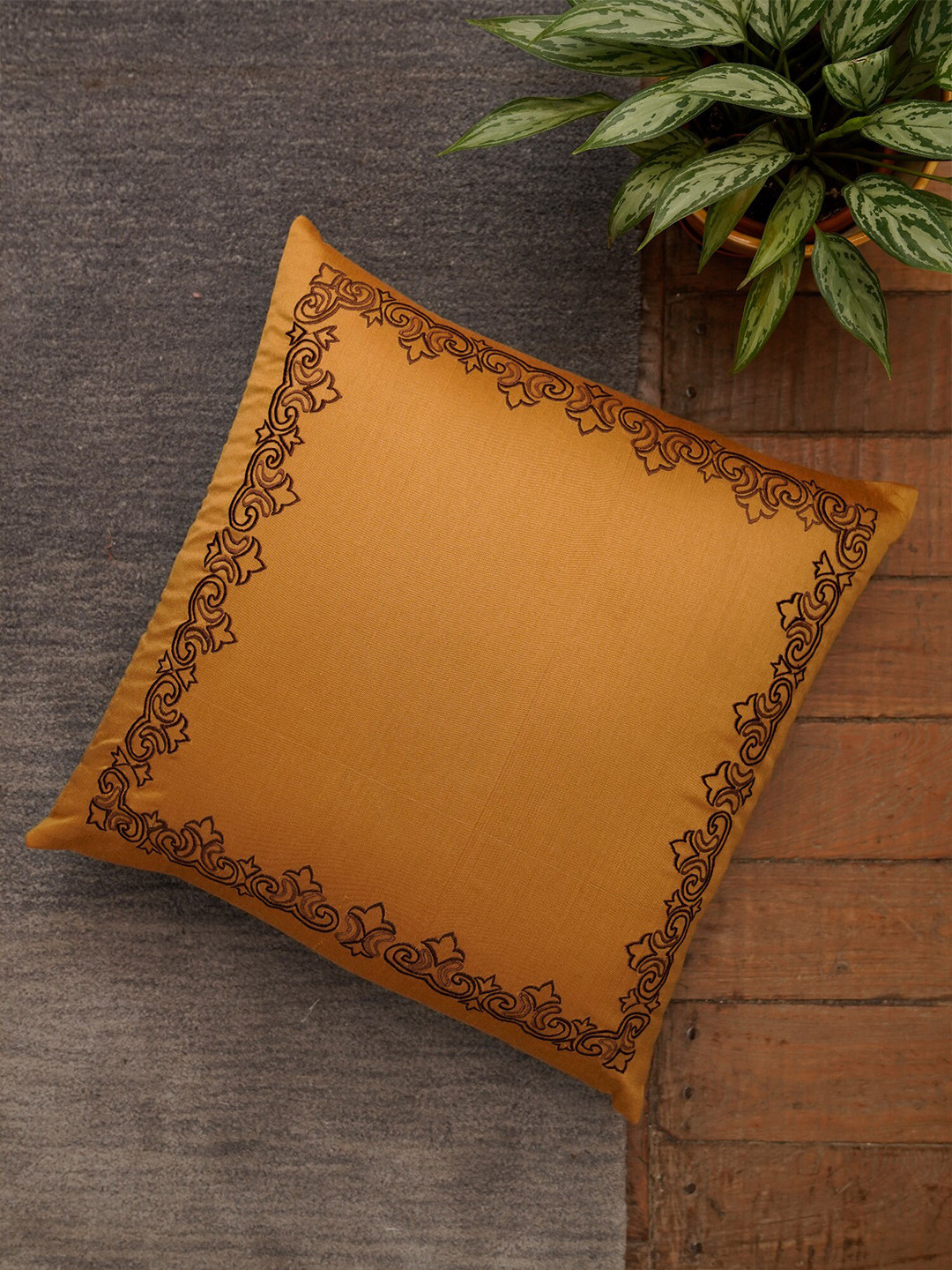 ZEBA Gold Embroidered Polyester Silk Washable Square Cushion Cover -16x16In