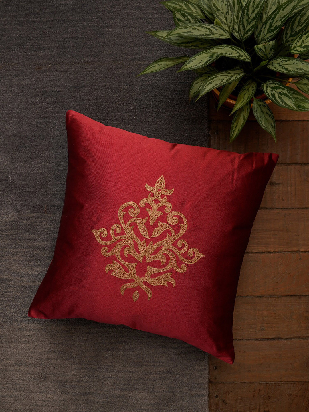 ZEBA Red & Gold-Toned Embroidered Square Cushion Cover