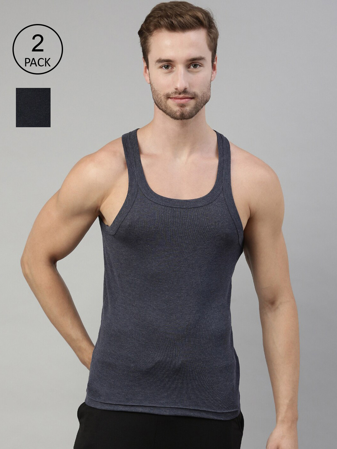 DIXCY SCOTT Men Pack Of 2 Grey & Black Solid Pure Cotton Innerwear Vest