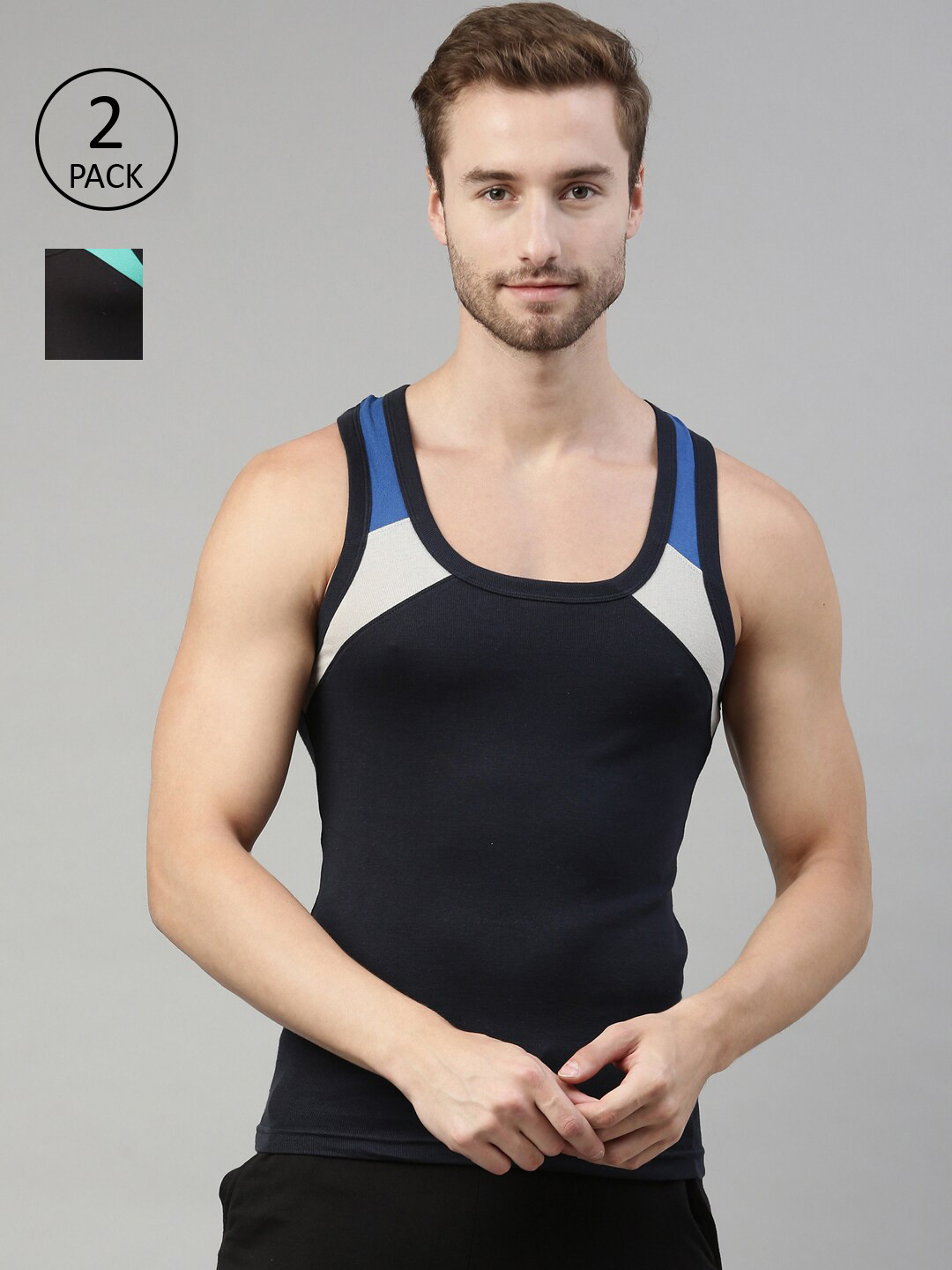 DIXCY SCOTT Men Navy Blue & Multicoloured Pack Of 2 Colourblocked Innerwear Gym Vests