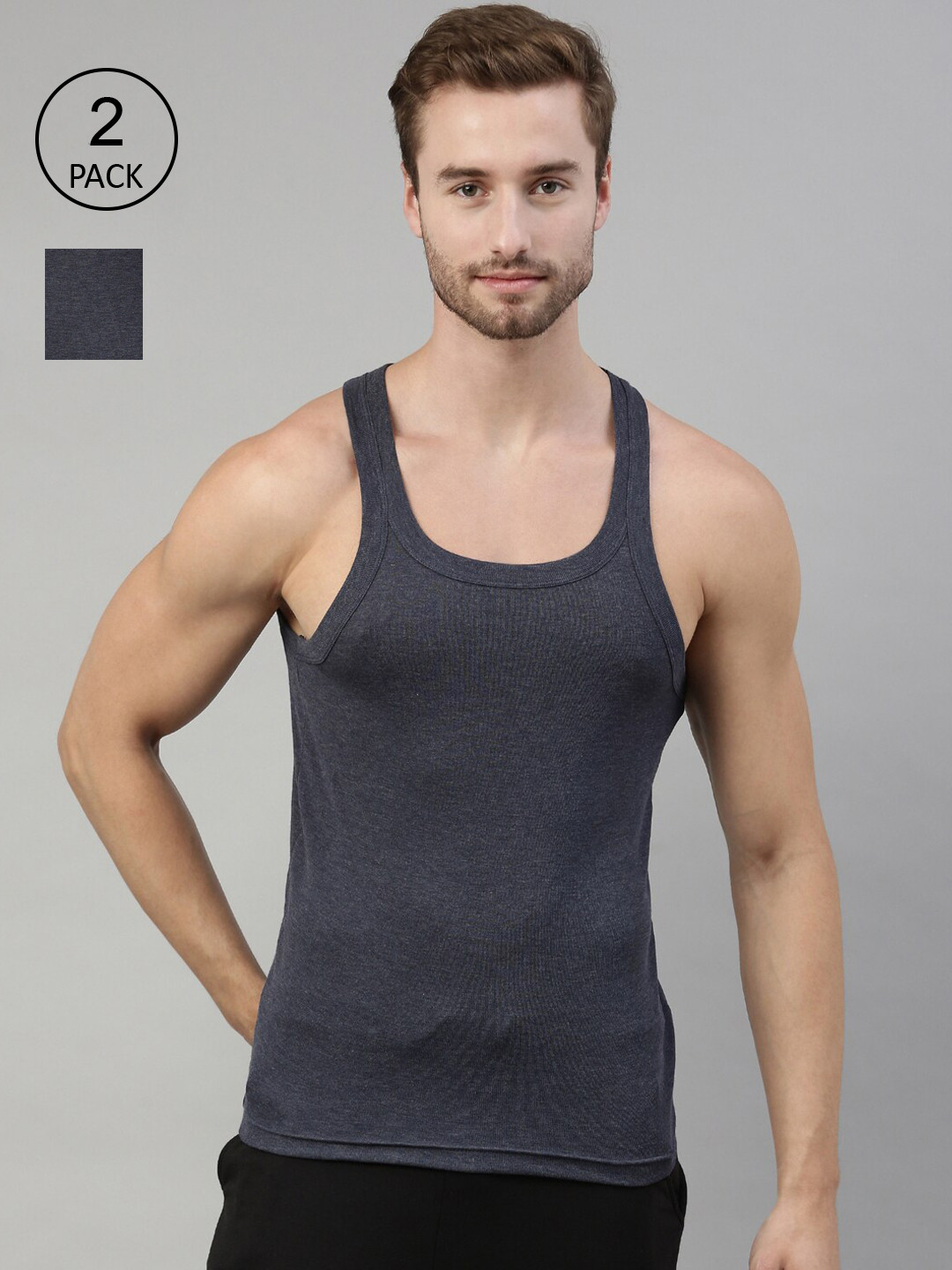 DIXCY SCOTT Men Pack Of 2 Grey & Navy Blue Solid Cotton Innerwear Gym Vests