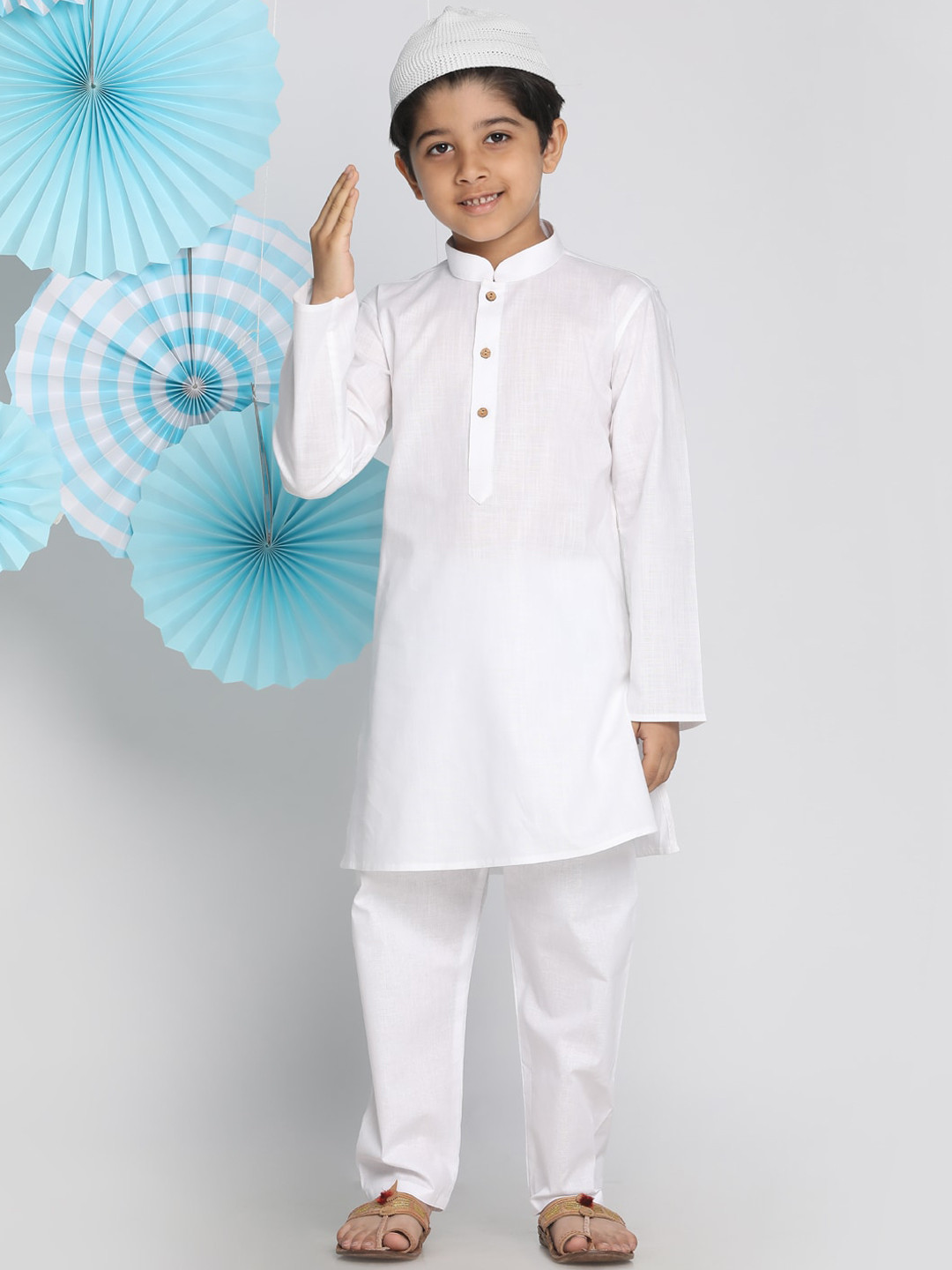 VASTRAMAY Boys White Kurti with Pyjamas