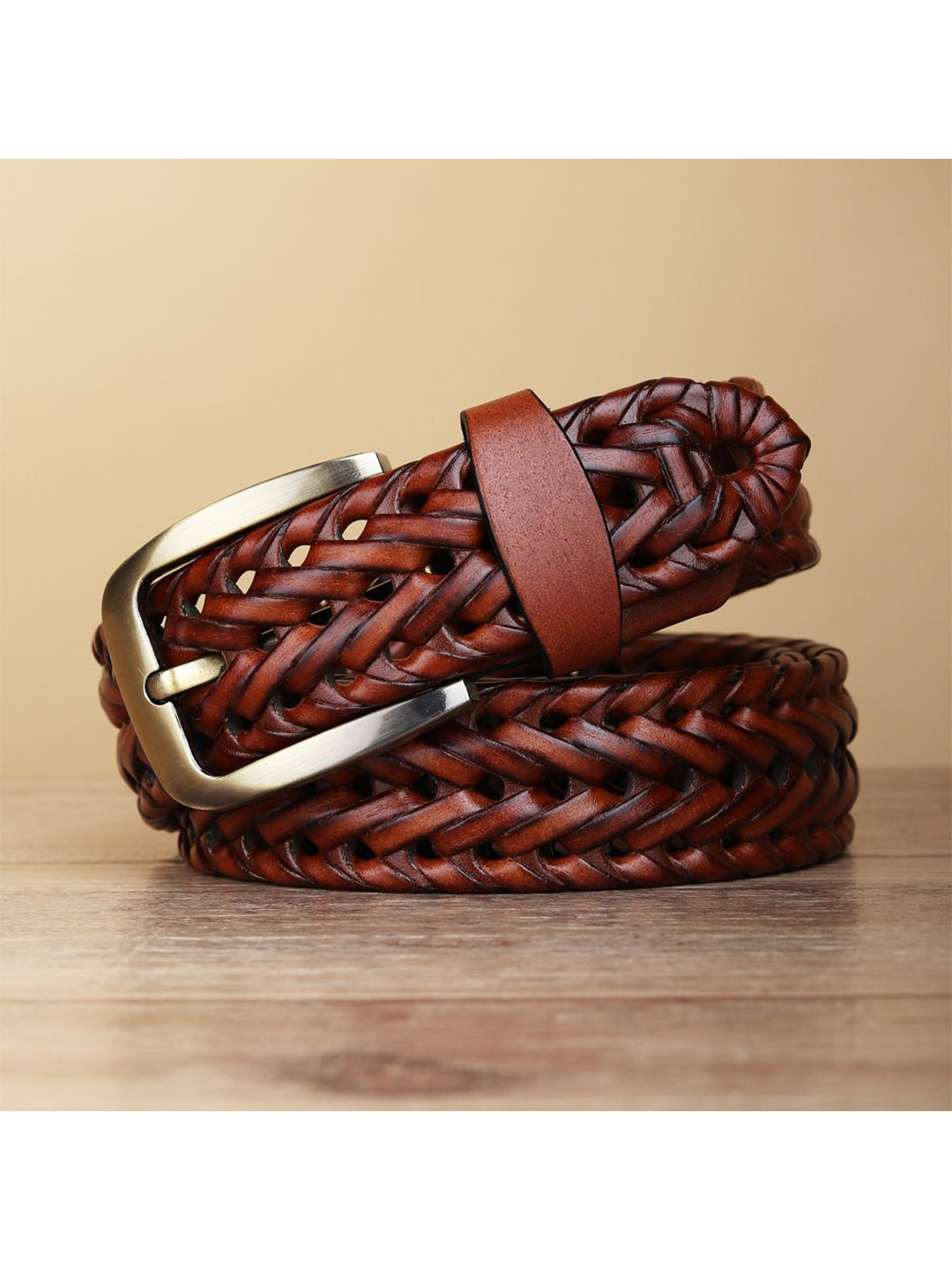 Kastner Men Brown Braided Casual Leather Belt with Tang Buckle
