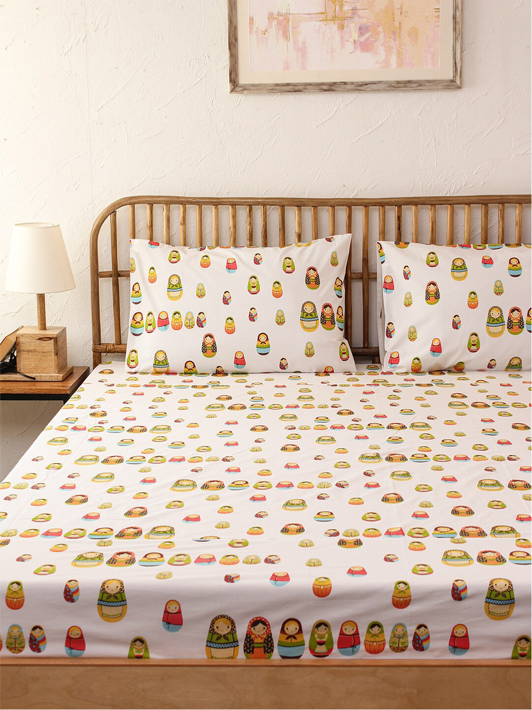 House This Godia White Graphic Cotton Breathable 180 TC Double Fine Bedsheet with a Pillow Cover-60 x 90 inches