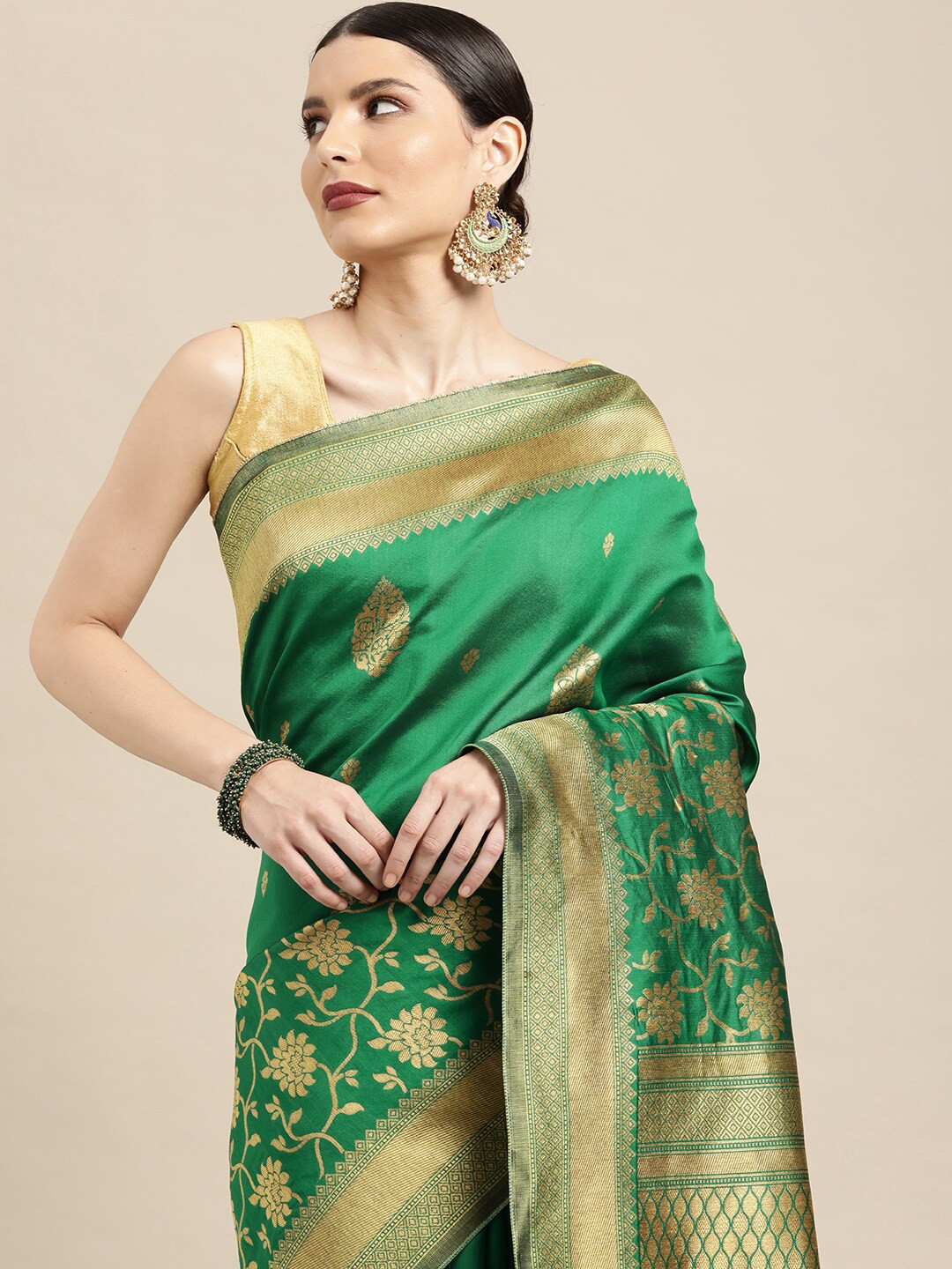 Leeza Store Green & Golden Ethnic Motifs Zari Silk Blend Banarasi Saree