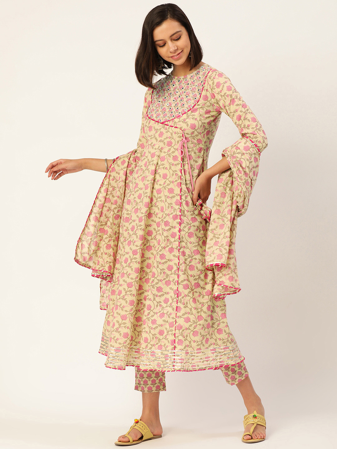 MAAND Women Beige Floral Printed Angrakha Thread Work Pure Cotton Kurta with Trousers & With Dupatta