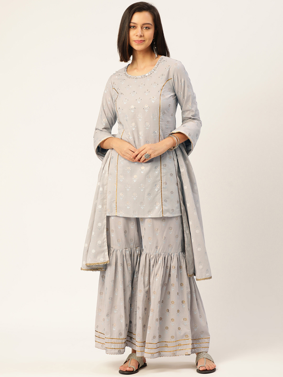 MAAND Women Grey Floral Printed Sequinned Pure Cotton Kurti with Sharara & With Dupatta